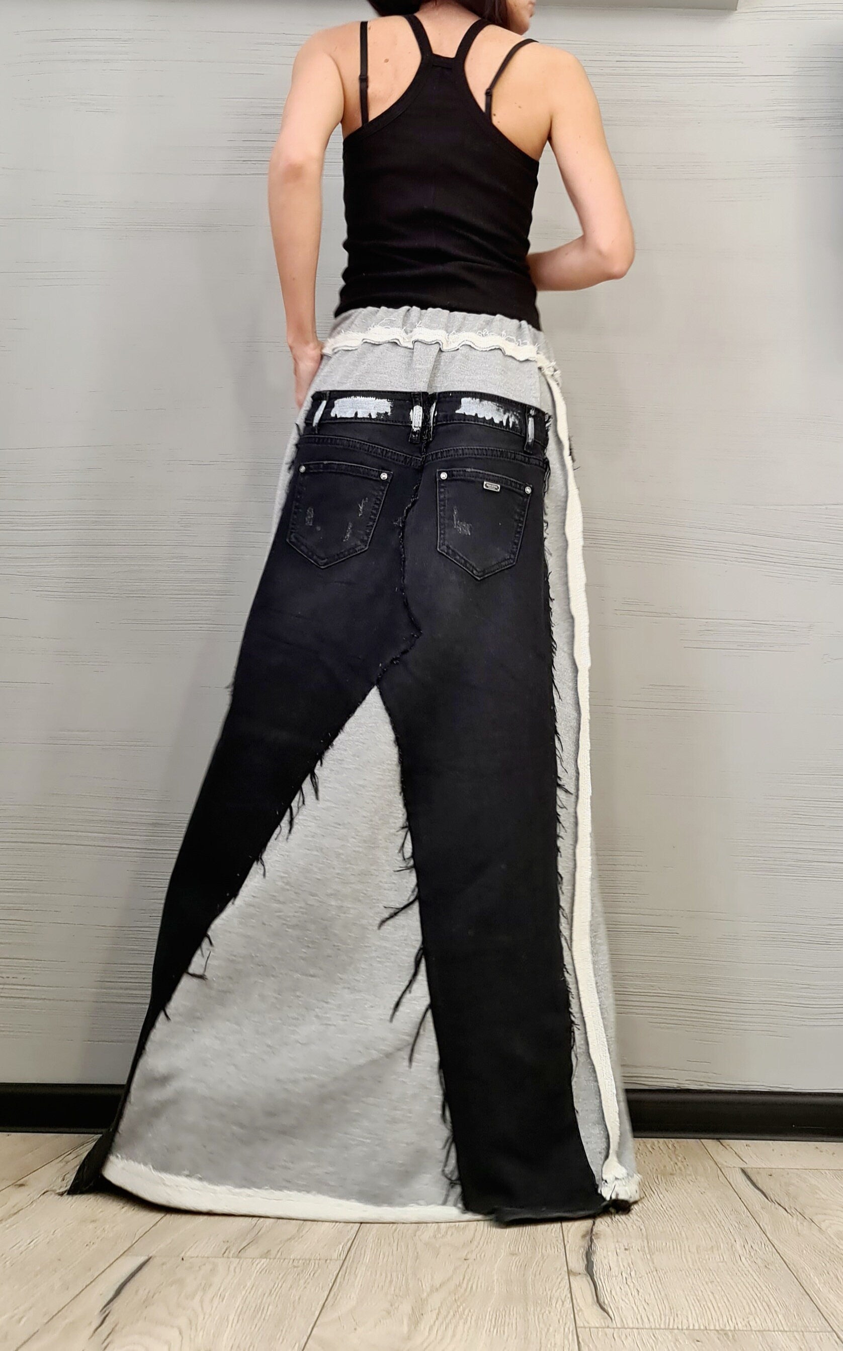Extravagant Long Skirt, Silver Cotton, Denim Skirt, Deconstructed Avant Garde Skirt Outside Seam