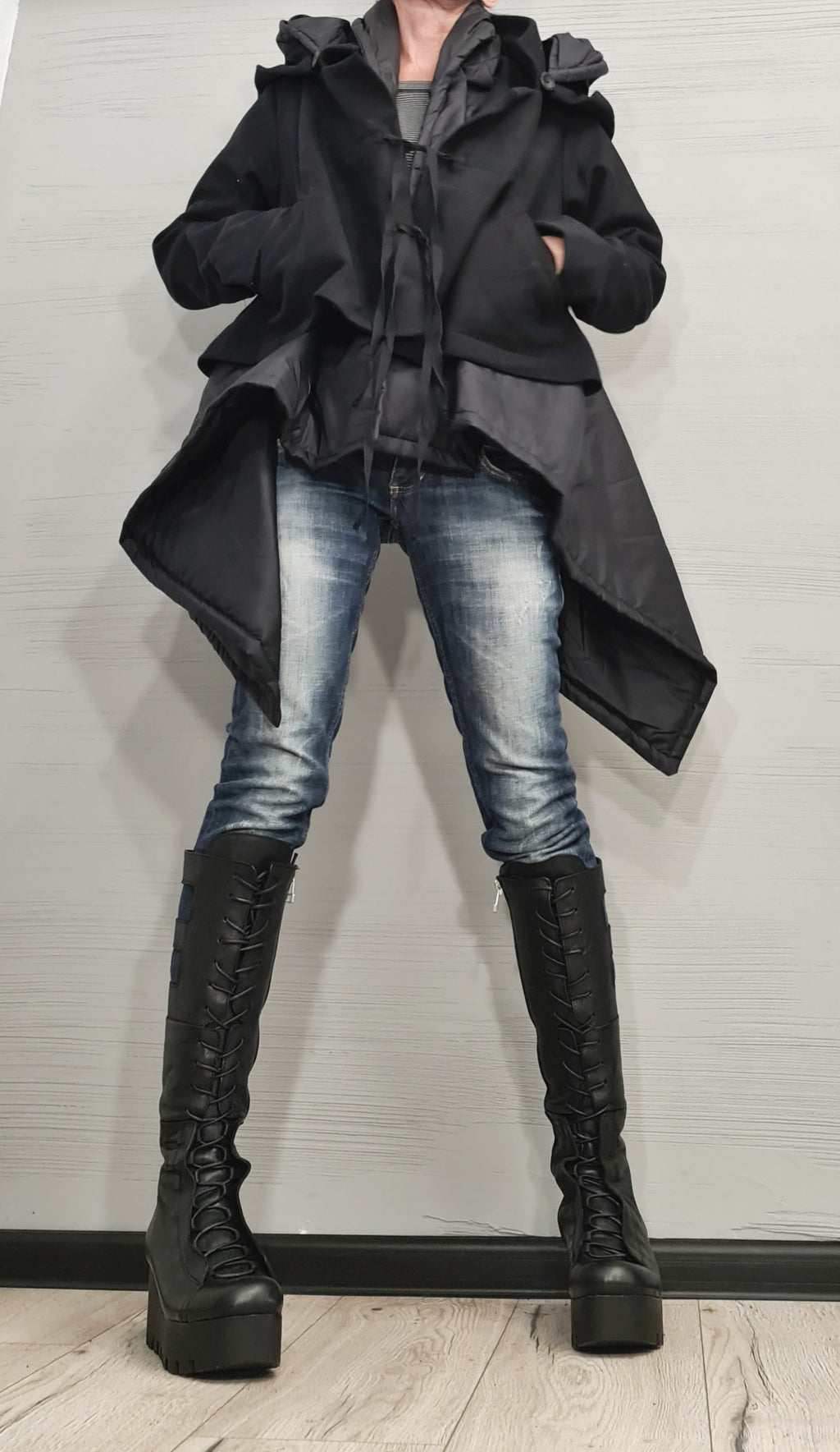 Asymmetric Black Jacket , Gothic Jacket, New collection, Extravagant Winter Jacket, Two Hoods, Loose Jacket, Long Sleeve Jacket