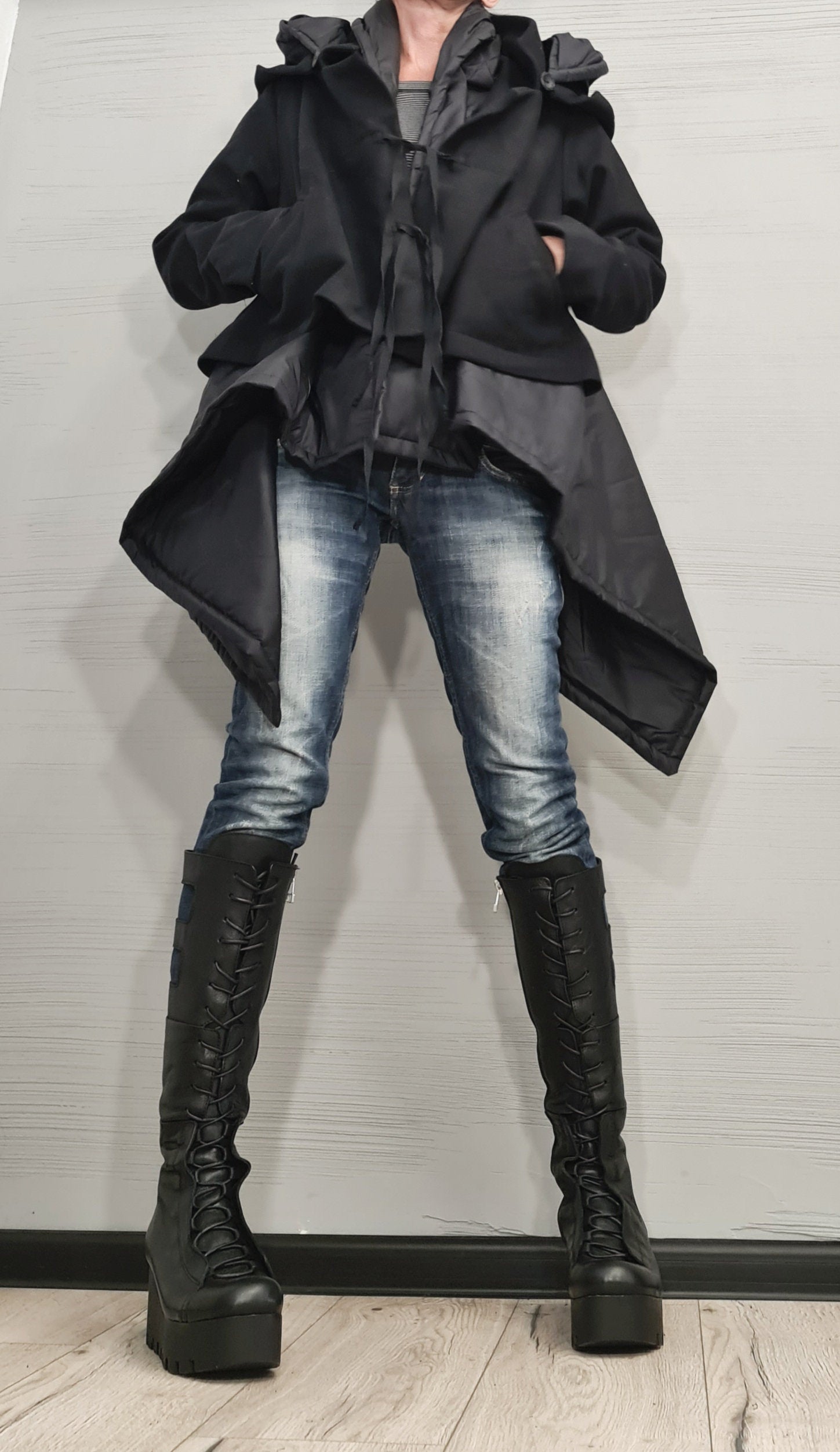 Asymmetric Black Jacket , Gothic Jacket, New collection, Extravagant Winter Jacket, Two Hoods, Loose Jacket, Long Sleeve Jacket