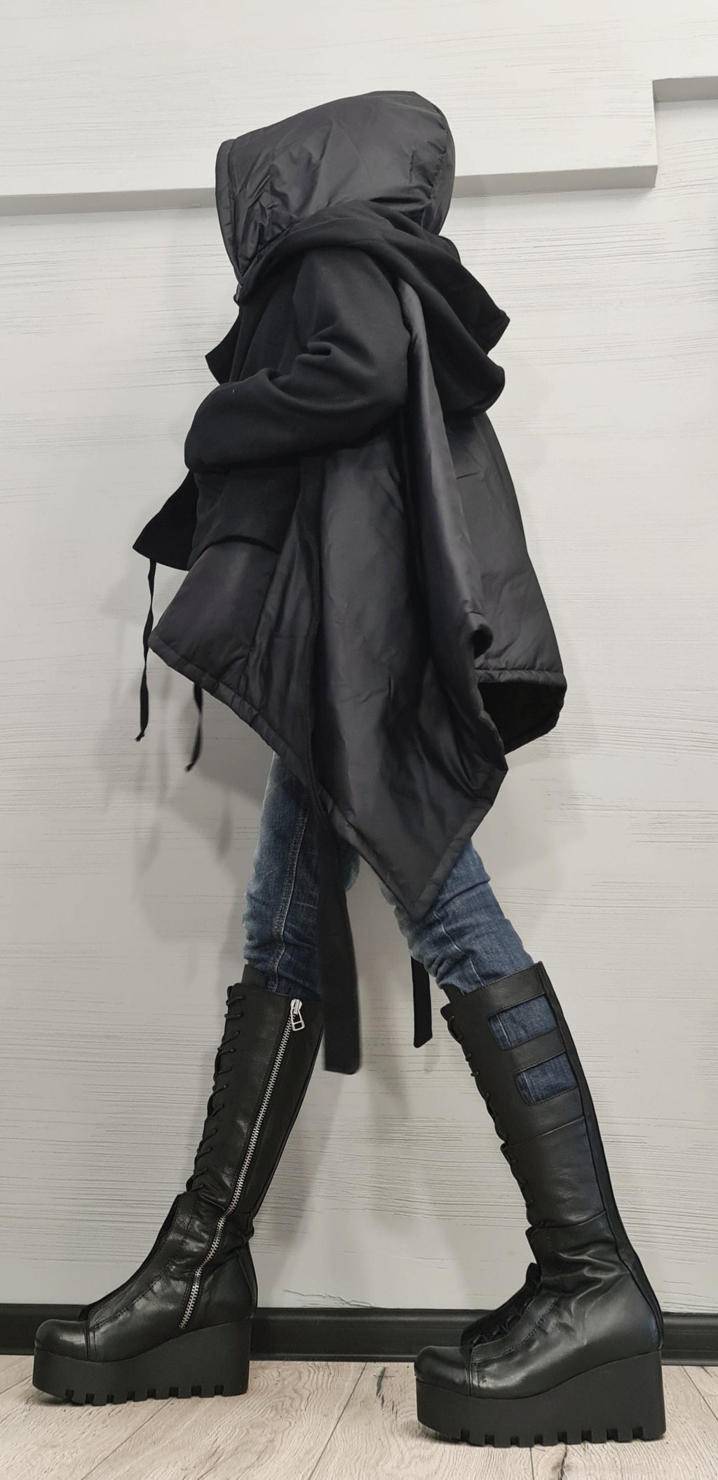 Asymmetric Black Jacket , Gothic Jacket, New collection, Extravagant Winter Jacket, Two Hoods, Loose Jacket, Long Sleeve Jacket