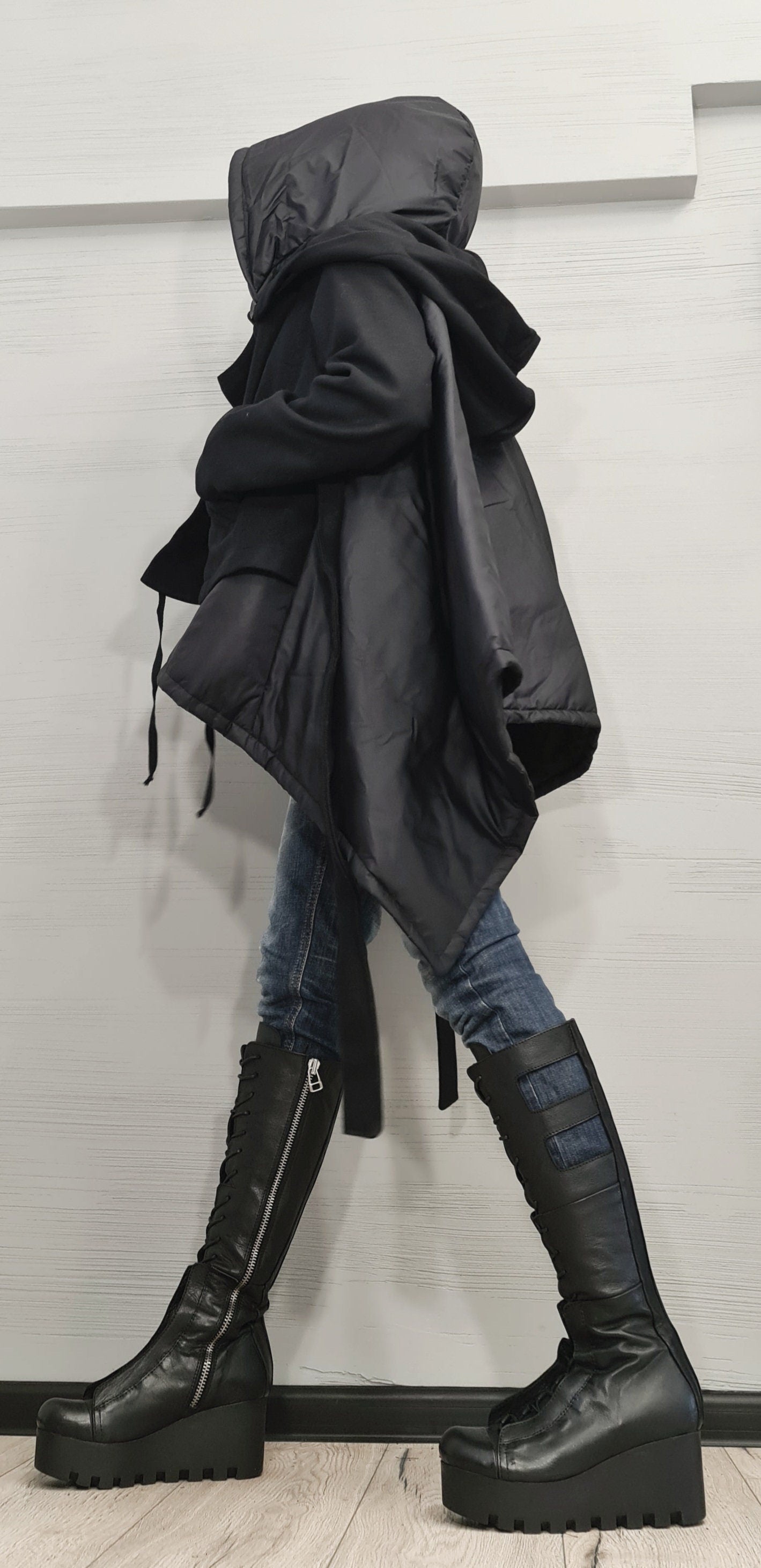 Asymmetric Black Jacket , Gothic Jacket, New collection, Extravagant Winter Jacket, Two Hoods, Loose Jacket, Long Sleeve Jacket