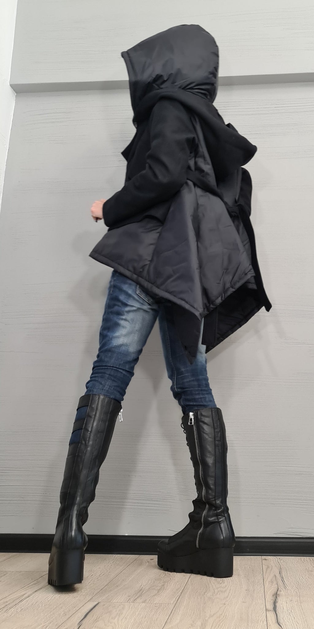 Asymmetric Black Jacket , Gothic Jacket, New collection, Extravagant Winter Jacket, Two Hoods, Loose Jacket, Long Sleeve Jacket