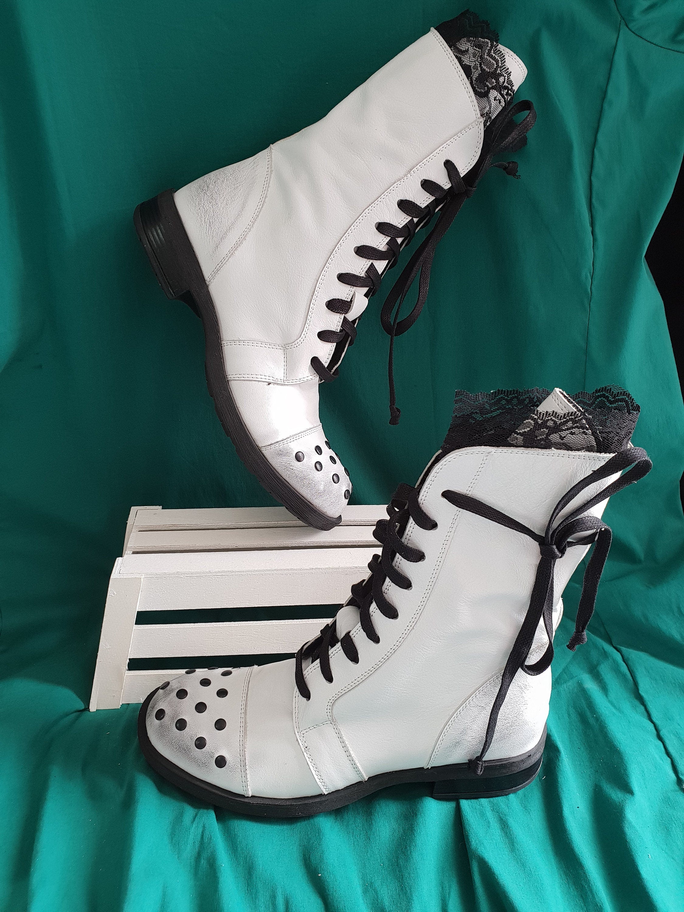 Rocker Boots, Women White Boots, Leather Boots, All seasons, Gothic Boots, White Ankle Boots, Leather Shoes, Weding Boots