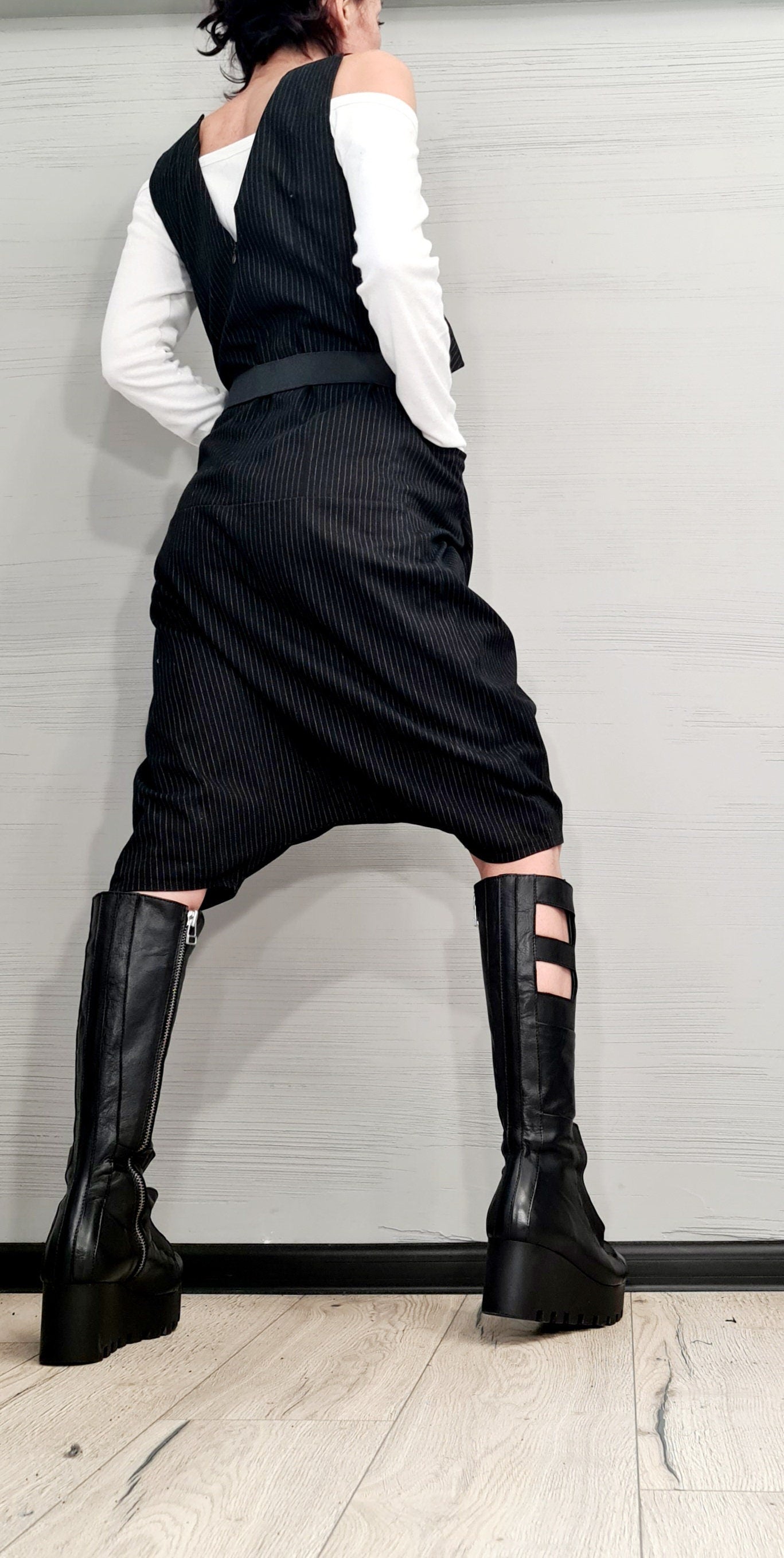 Asymmetric Harem Jumpsuit,Extravagant Loose Jumpsuit, Short Women Overall, Open Back Jumpsuit, Avant Garde Jumpsuit