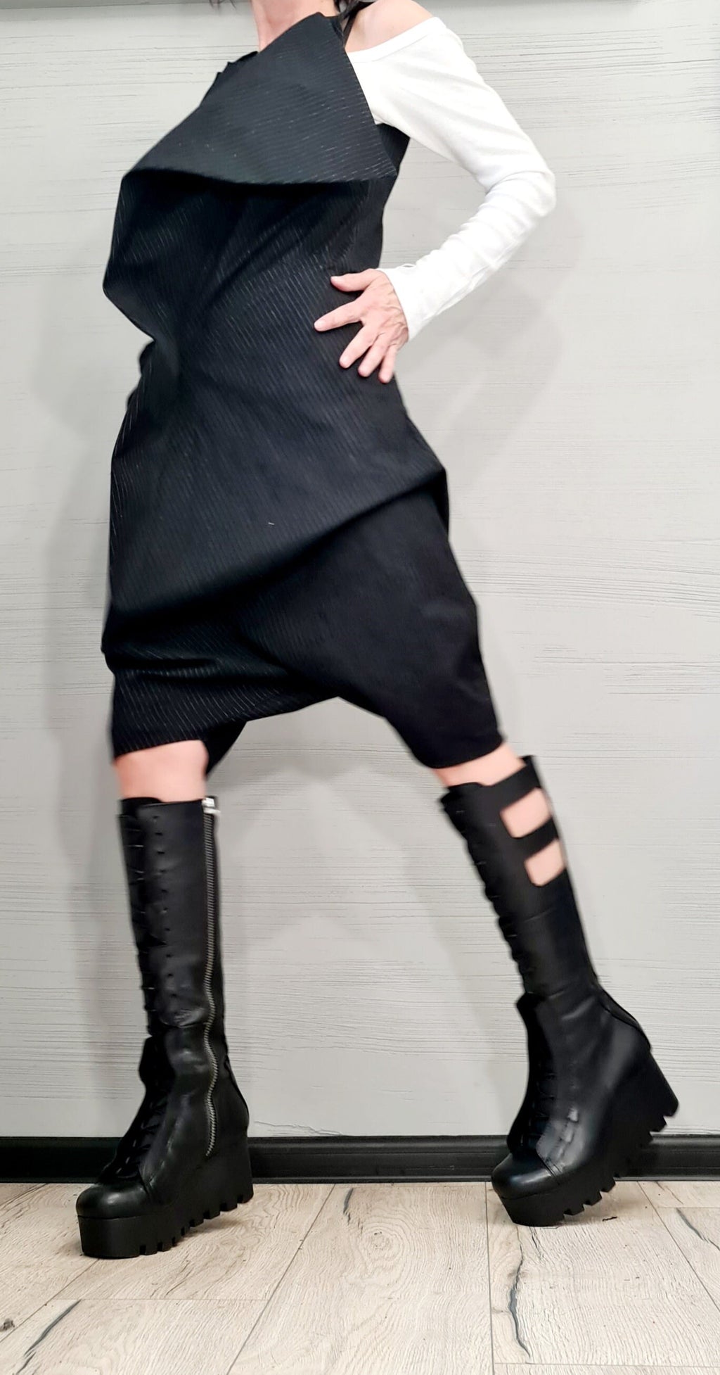 Asymmetric Harem Jumpsuit,Extravagant Loose Jumpsuit, Short Women Overall, Open Back Jumpsuit, Avant Garde Jumpsuit