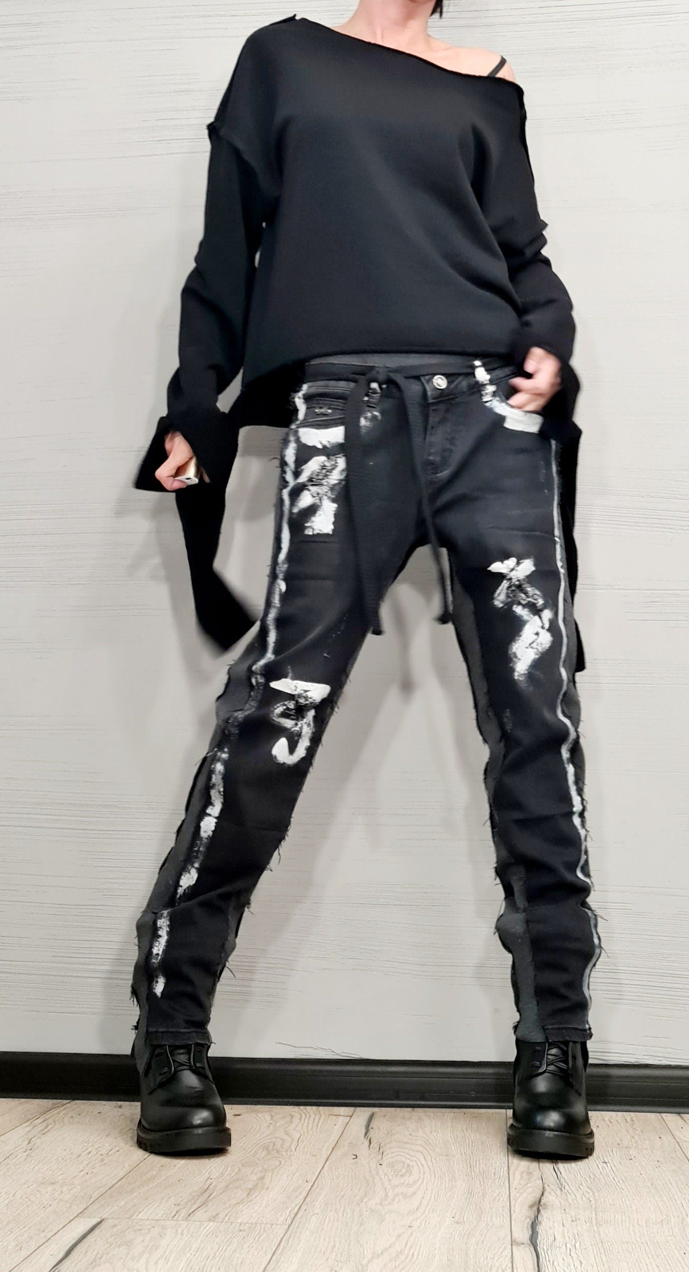 Extravagant Denim Pants, Casual Denim Harem Pants, Painted Streetwear Pants, Unisex Denim, Women Denim Harem