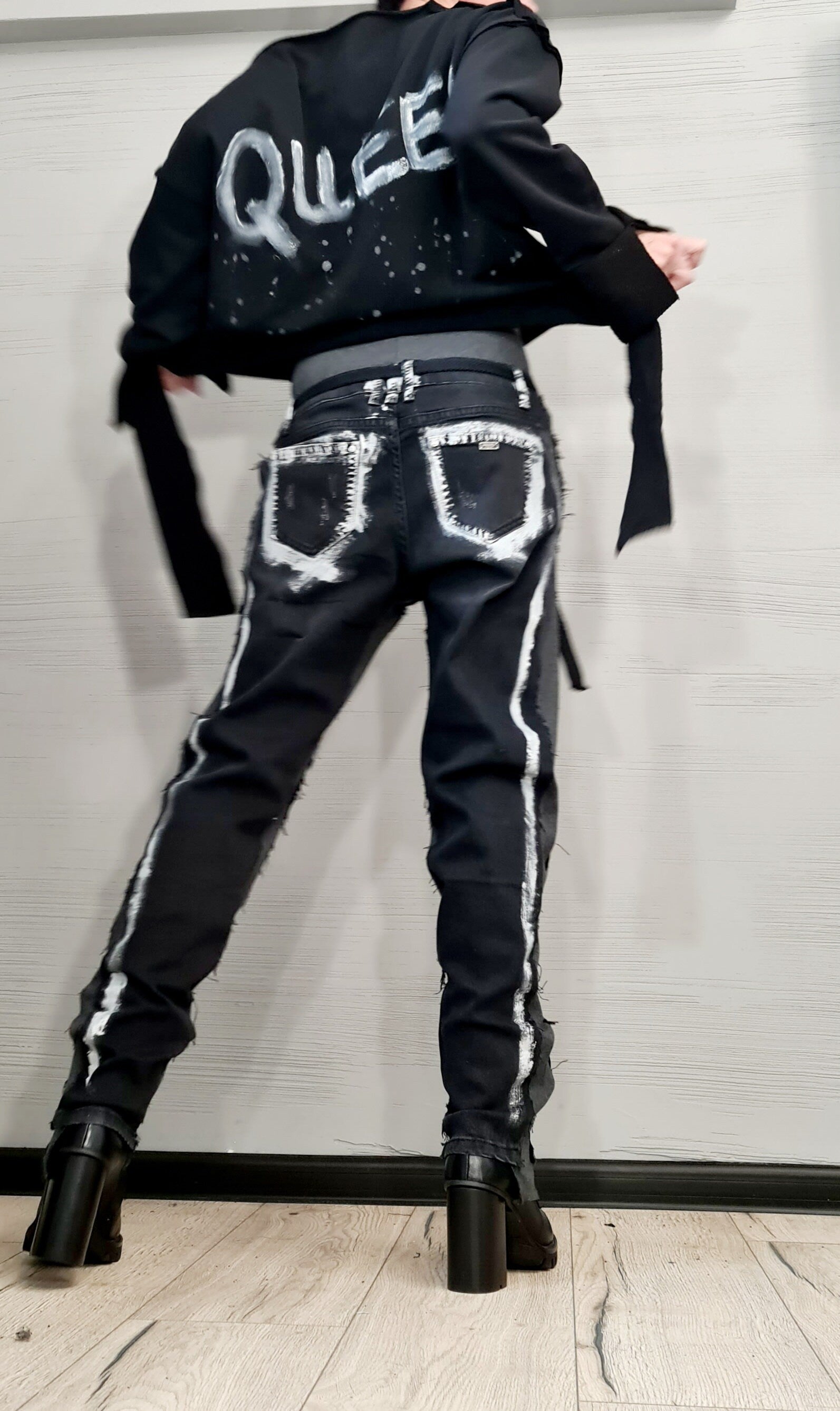 Extravagant Denim Pants, Casual Denim Harem Pants, Painted Streetwear Pants, Unisex Denim, Women Denim Harem