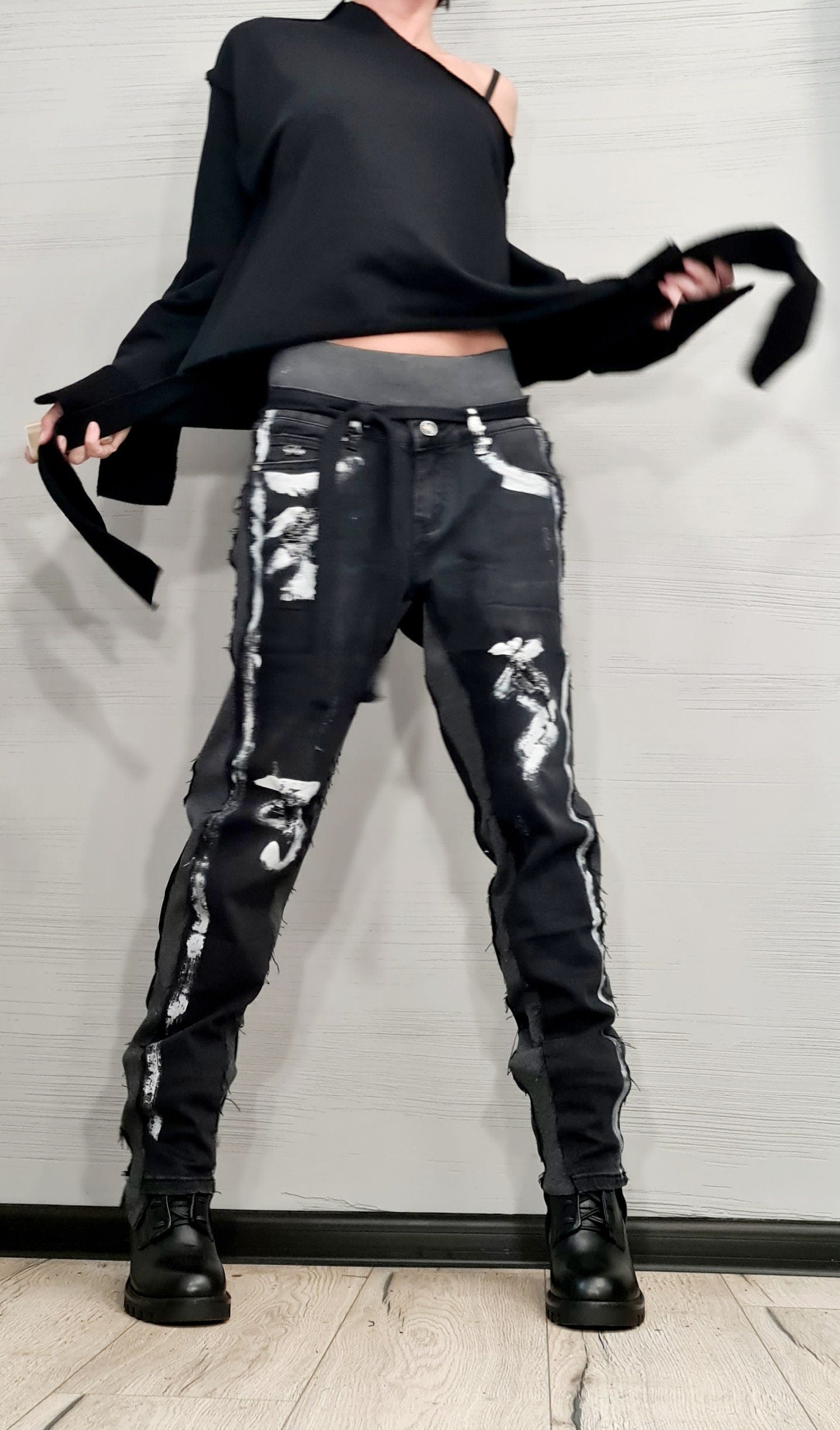 Extravagant Denim Pants, Casual Denim Harem Pants, Painted Streetwear Pants, Unisex Denim, Women Denim Harem