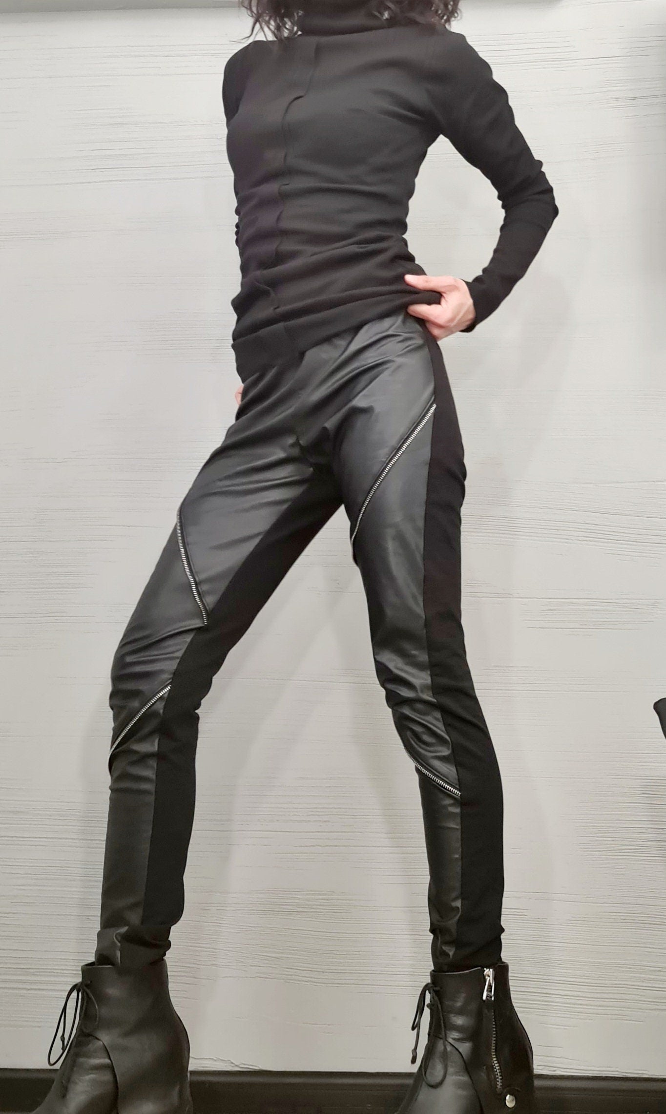 NEW COLLECTION Autumn Winter Black Extra Long Leggings, Eco Leather with zippers, Gothic Leggings, Sexy Slim Fit Black Leggings