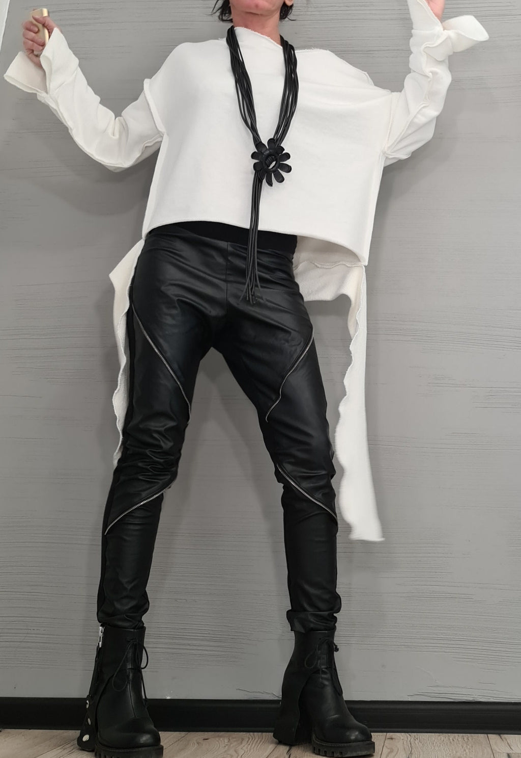 NEW COLLECTION Autumn Winter Black Extra Long Leggings, Eco Leather with zippers, Gothic Leggings, Sexy Slim Fit Black Leggings