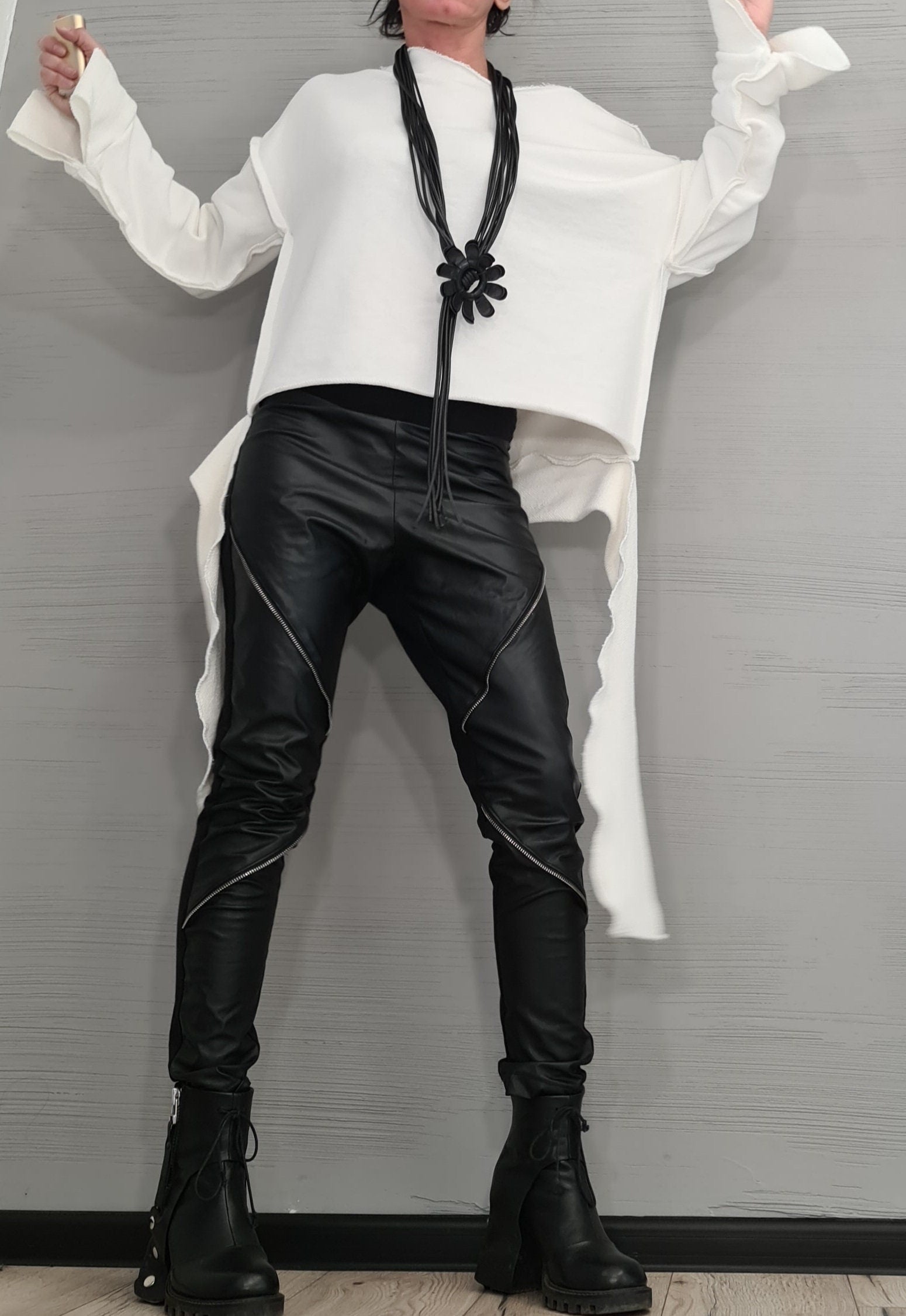 NEW COLLECTION Autumn Winter Black Extra Long Leggings, Eco Leather with zippers, Gothic Leggings, Sexy Slim Fit Black Leggings