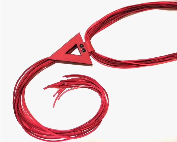 Red Leather Geometric Necklace, Extravagant Long Leather Necklace, HandMade, Christmas gift for her, Avant Garde Necklace
