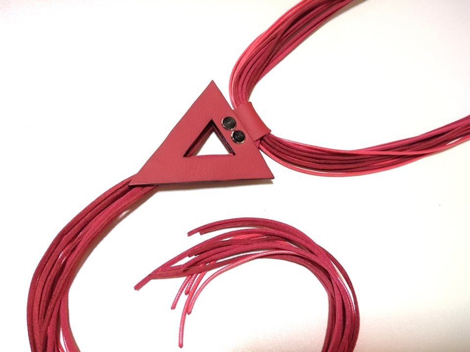 Red Leather Geometric Necklace, Extravagant Long Leather Necklace, HandMade, Christmas gift for her, Avant Garde Necklace