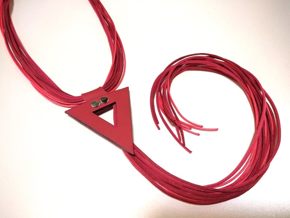 Red Leather Geometric Necklace, Extravagant Long Leather Necklace, HandMade, Christmas gift for her, Avant Garde Necklace