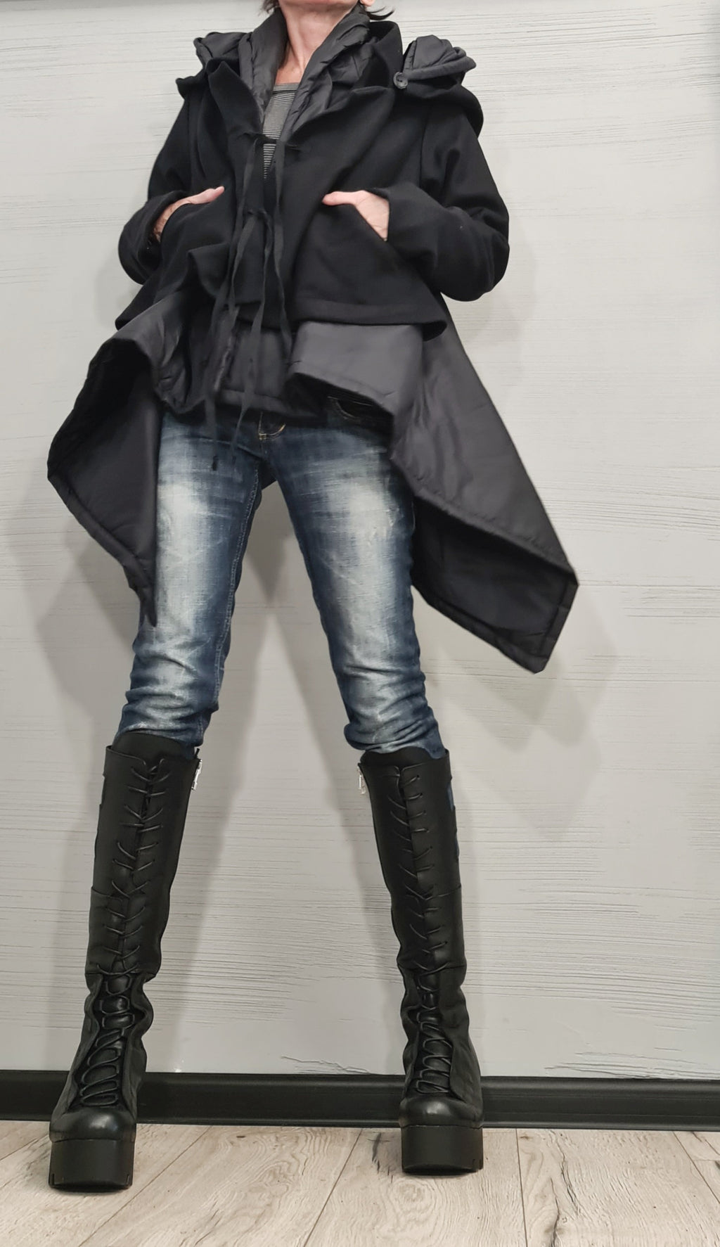 Asymmetric Black Jacket , Gothic Jacket, New collection, Extravagant Winter Jacket, Two Hoods, Loose Jacket, Long Sleeve Jacket