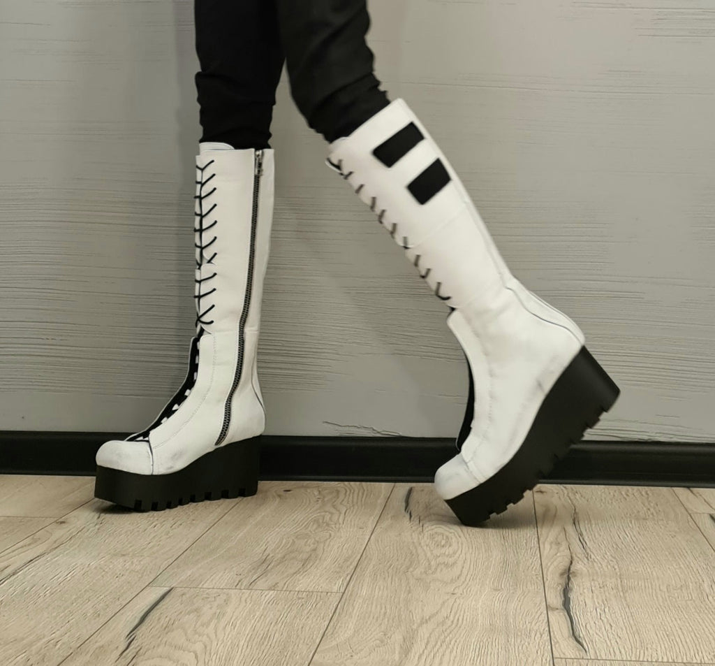 White Leather Gladiator Boots , High Platform Boots, Steampunk Boots, Women Platform Boots, Gothic Shoes, Leather Wedges, Strappy Boots