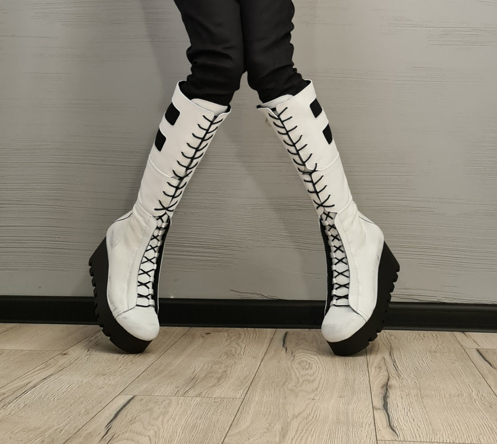 White Leather Gladiator Boots , High Platform Boots, Steampunk Boots, Women Platform Boots, Gothic Shoes, Leather Wedges, Strappy Boots