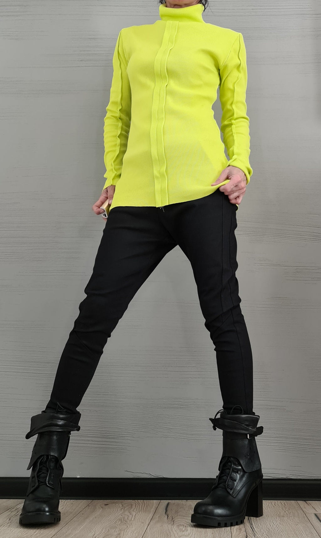 NEW Collection Cotton Sexy Lime Turtle Neck Fitted Top Blouse, Extravagant Top, Avant Garde Blouse, Sexy Top