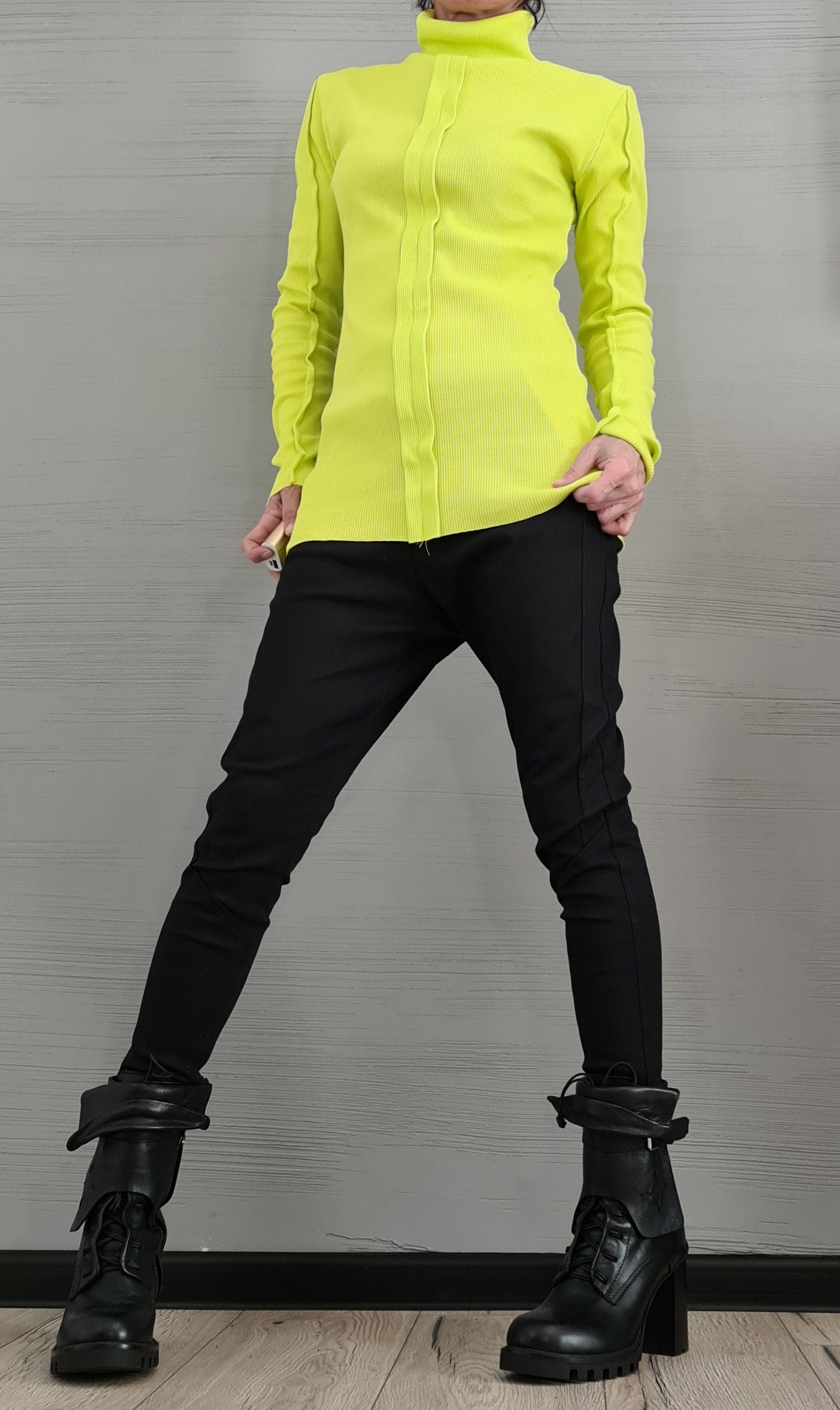 NEW Collection Cotton Sexy Lime Turtle Neck Fitted Top Blouse, Extravagant Top, Avant Garde Blouse, Sexy Top