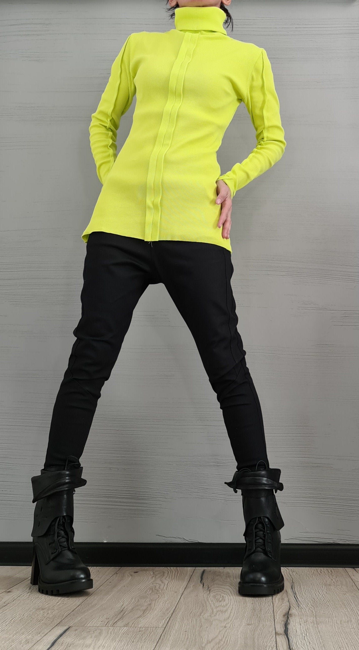 NEW Collection Cotton Sexy Lime Turtle Neck Fitted Top Blouse, Extravagant Top, Avant Garde Blouse, Sexy Top