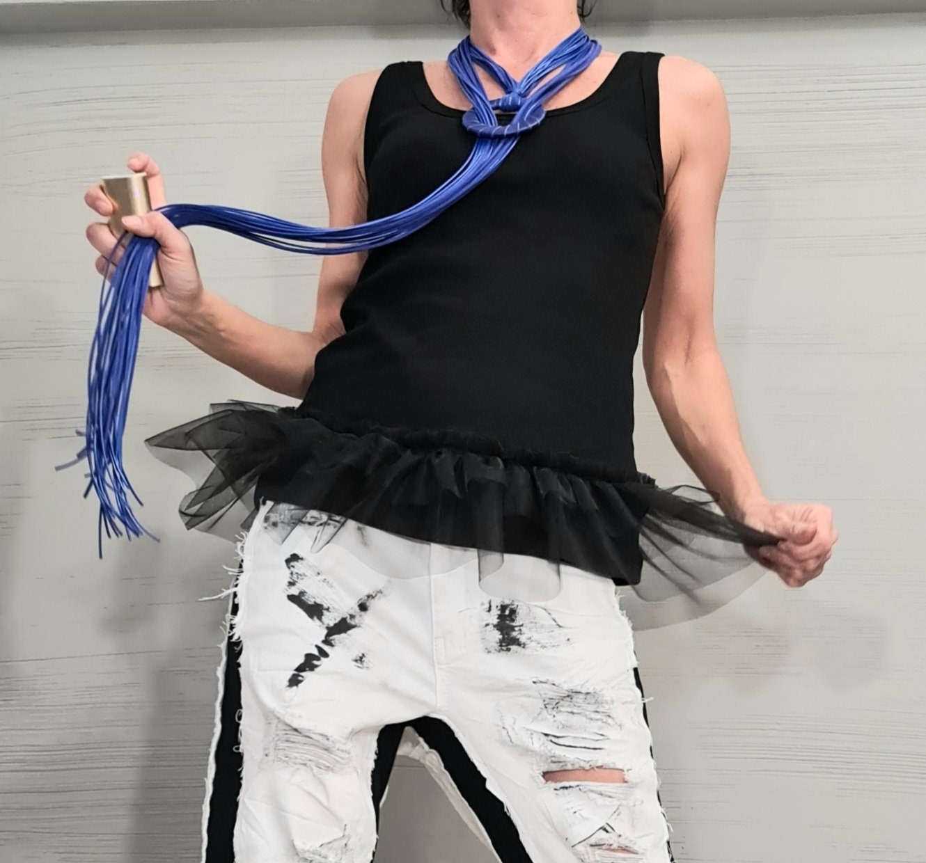 Extravagant Cotton Top, Sexy Top with Tulle, Sleeveless Party Blouse, Everyday Casual Summer Top