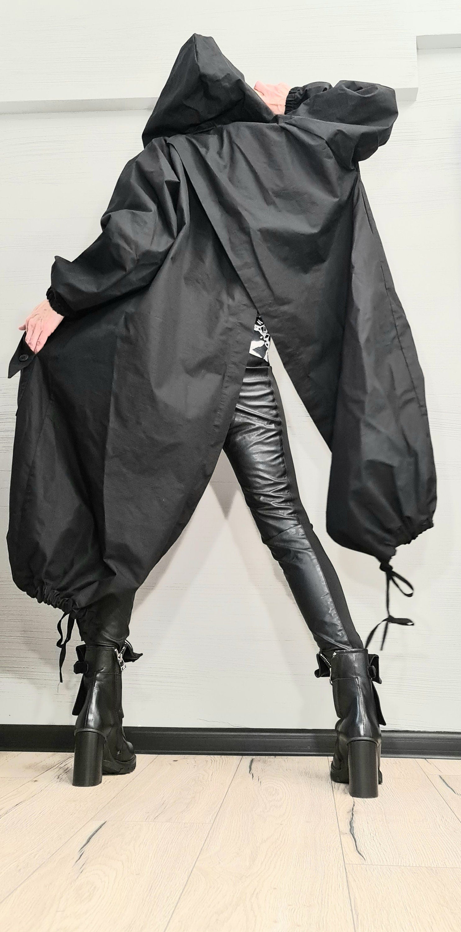 Extravagant Long loose hooded Jacket , Spring Blazer, Asymmetrical Jacket,Black Trench Coat, Gothic, New collection