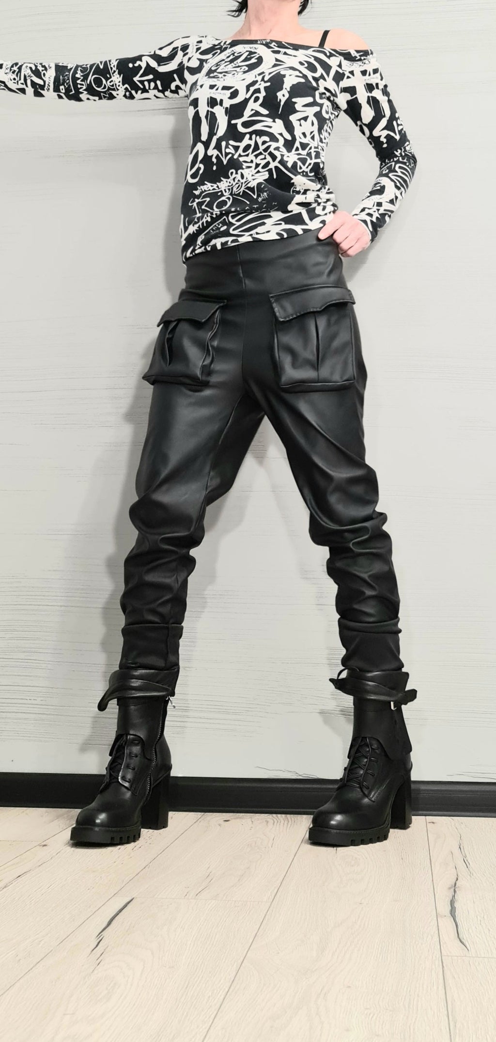 NEW Collection, Sexy Pants, Outer pockets, Еco leather Pants, Black Pants, Gothic Pants, Extravagant Women Pants