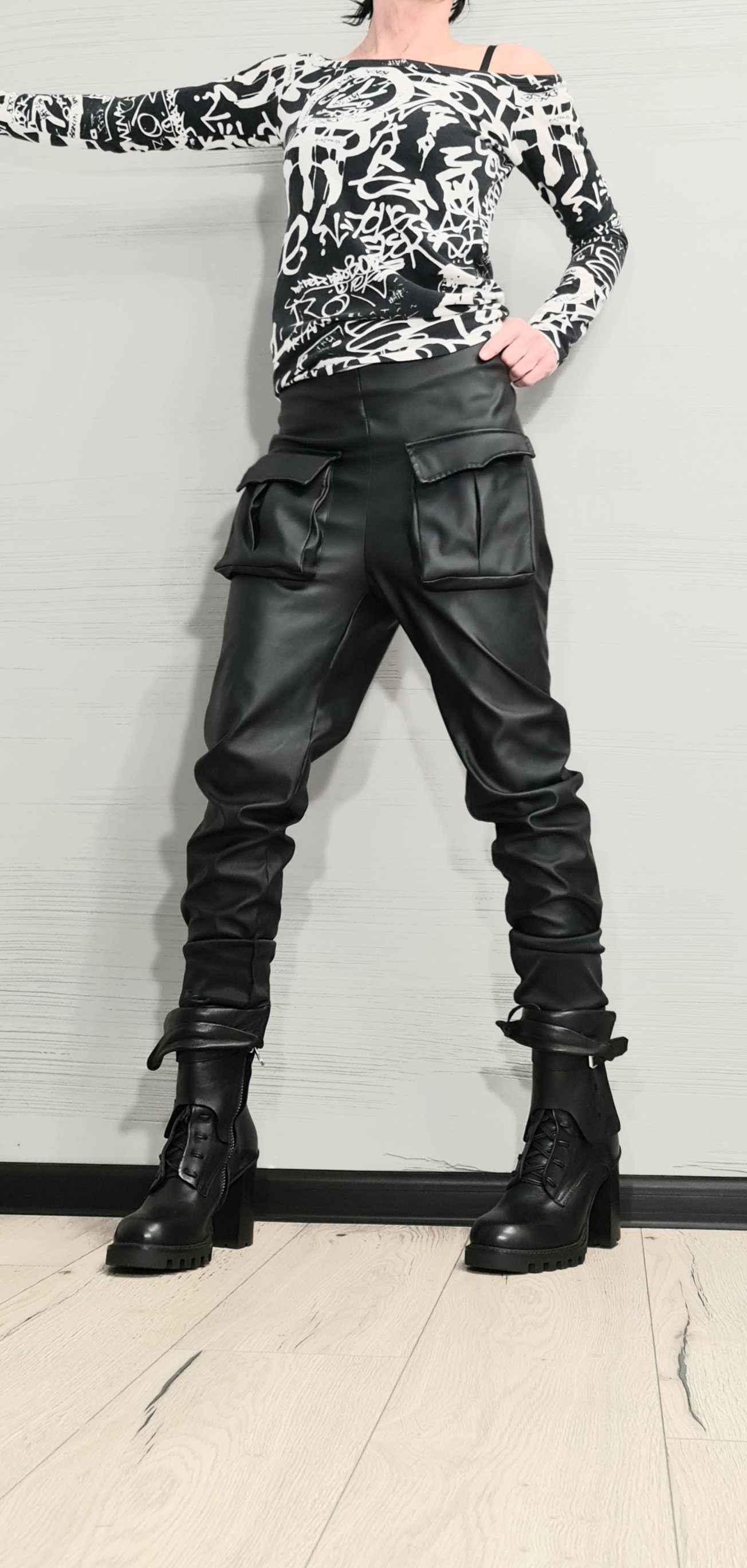 NEW Collection, Sexy Pants, Outer pockets, Еco leather Pants, Black Pants, Gothic Pants, Extravagant Women Pants