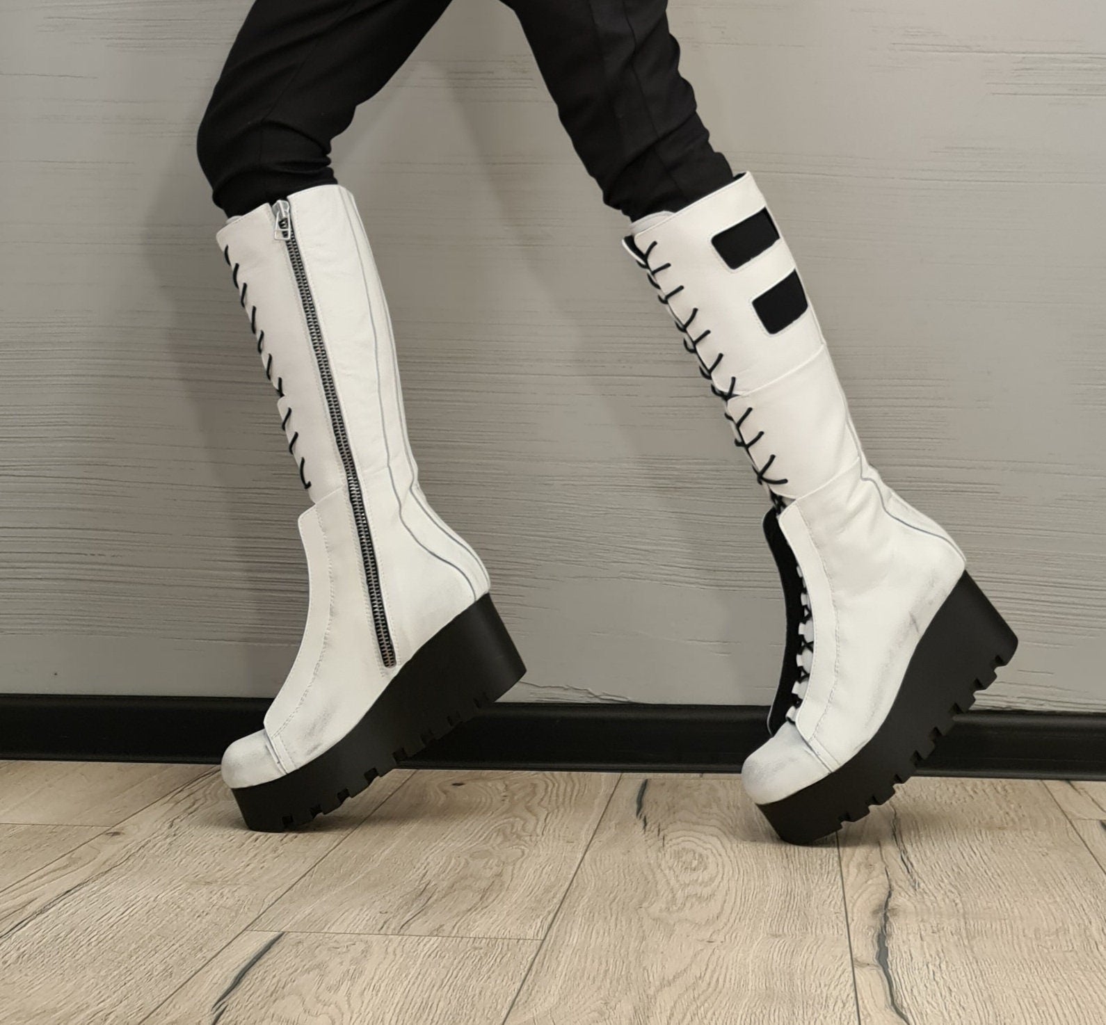 White Leather Gladiator Boots , High Platform Boots, Steampunk Boots, Women Platform Boots, Gothic Shoes, Leather Wedges, Strappy Boots
