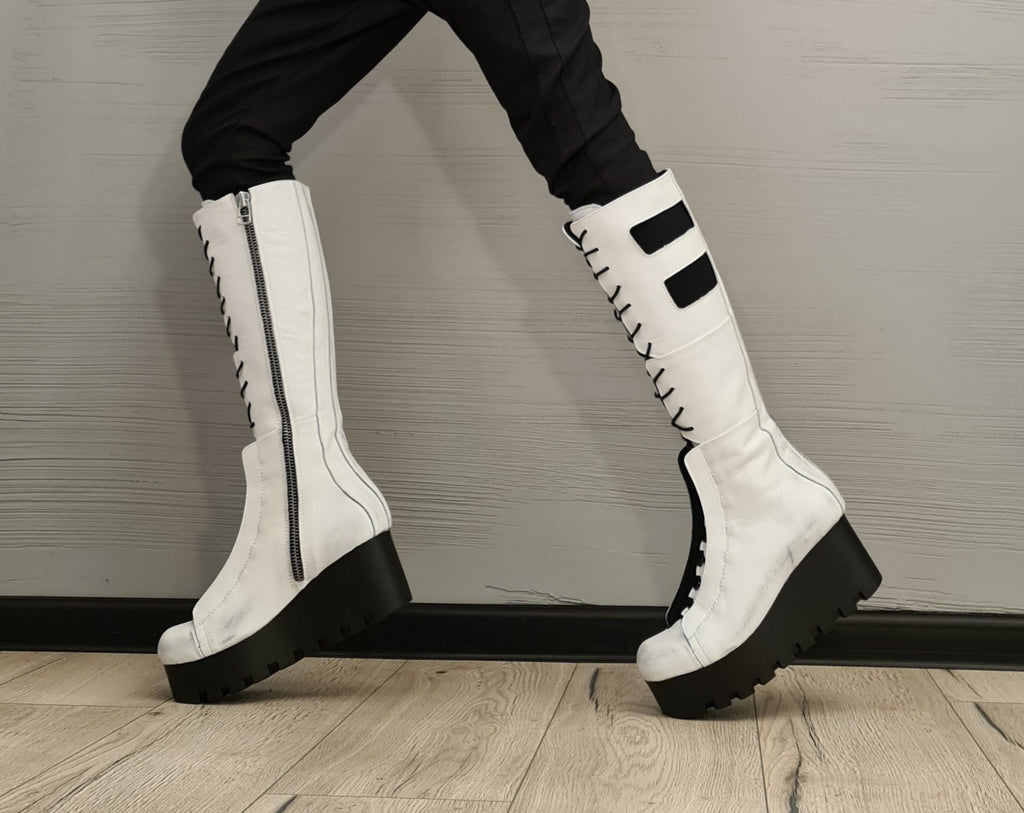 White Leather Gladiator Boots , High Platform Boots, Steampunk Boots, Women Platform Boots, Gothic Shoes, Leather Wedges, Strappy Boots