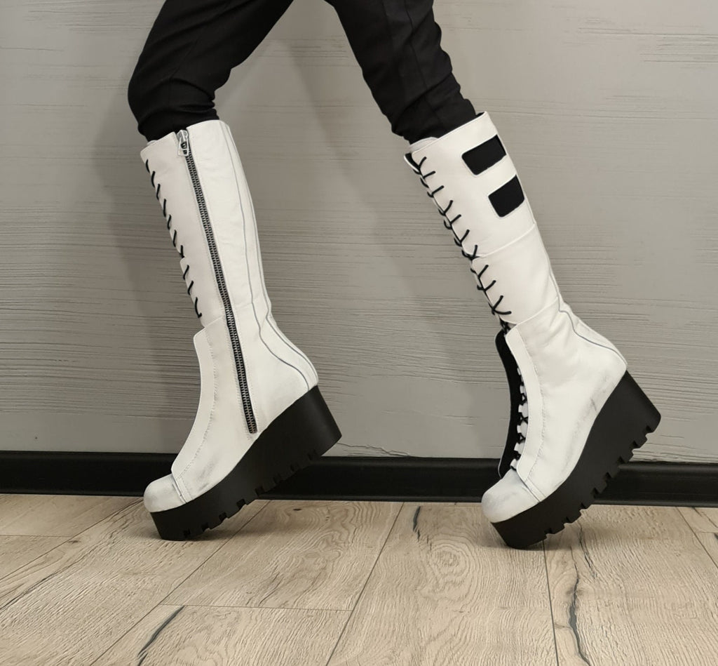 White Leather Gladiator Boots , High Platform Boots, Steampunk Boots, Women Platform Boots, Gothic Shoes, Leather Wedges, Strappy Boots
