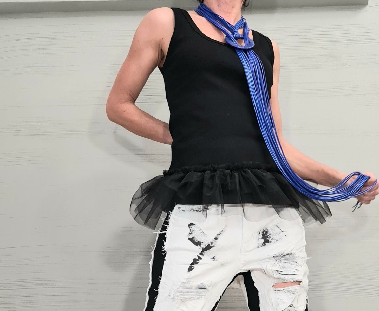 Extravagant Cotton Top, Sexy Top with Tulle, Sleeveless Party Blouse, Everyday Casual Summer Top