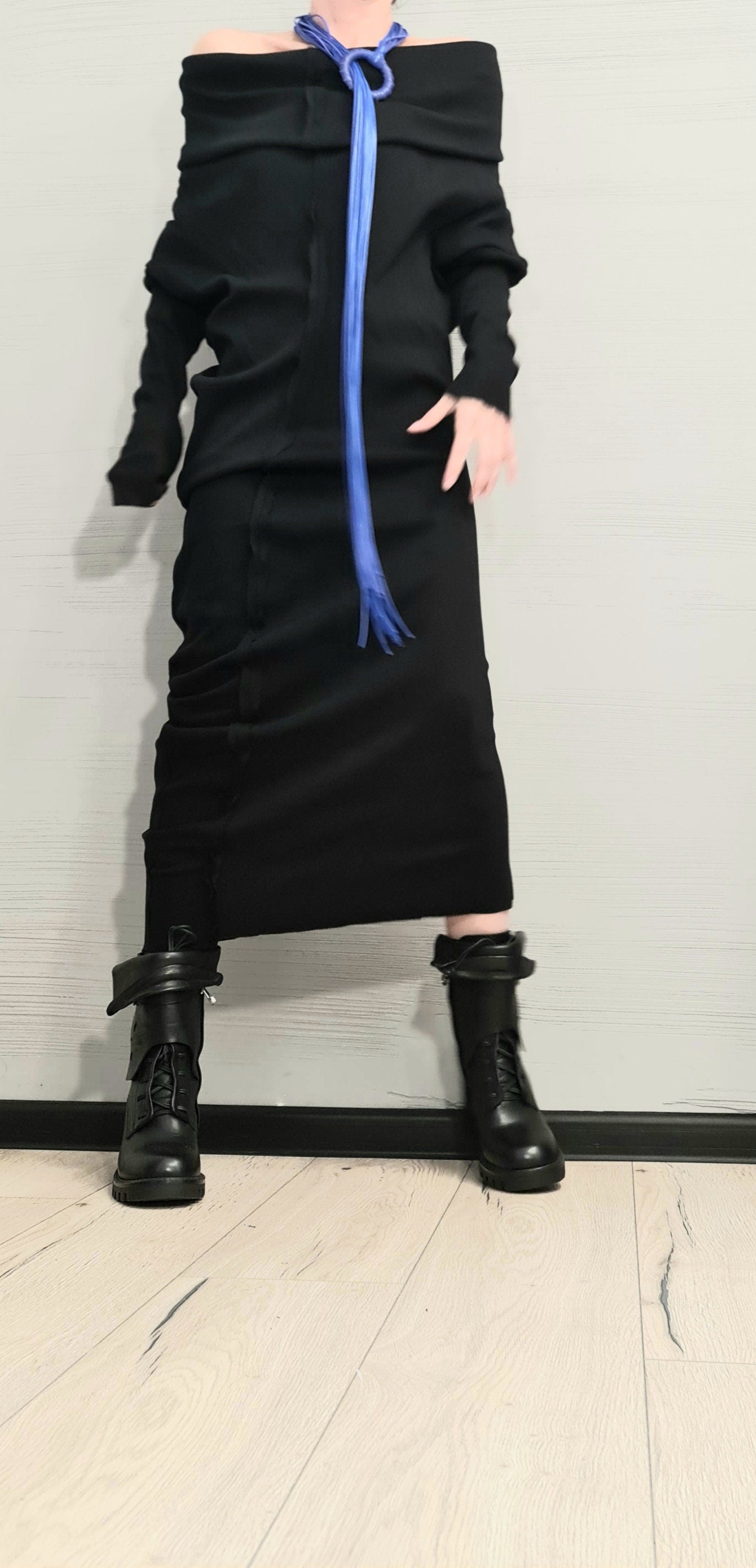 Extravagant Dress, Asymmetric Dress, Black Cotton Dress, Plus Size Clothing, Blouson Dress, Sexy Dress, Long Sleeve, New collection