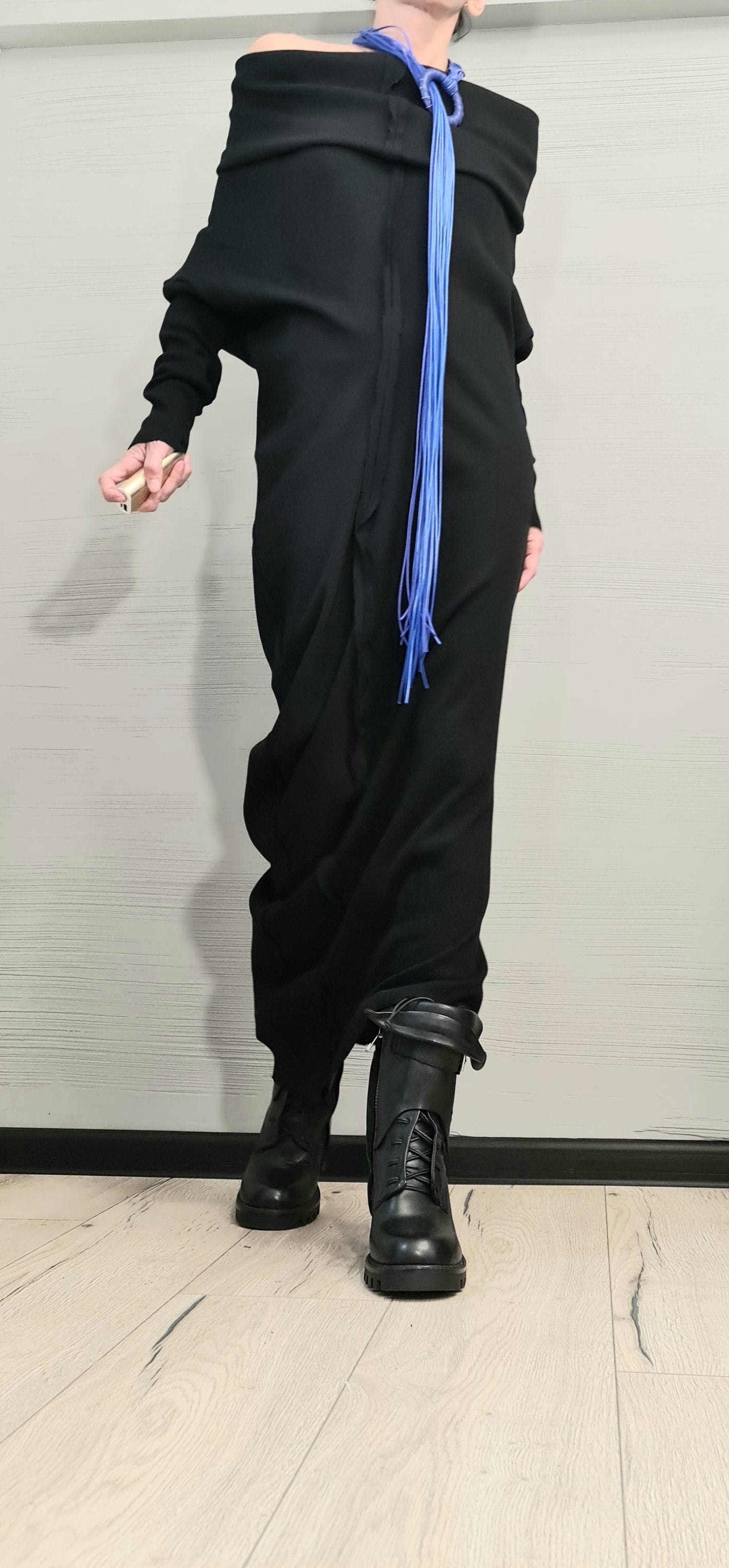 Extravagant Dress, Asymmetric Dress, Black Cotton Dress, Plus Size Clothing, Blouson Dress, Sexy Dress, Long Sleeve, New collection