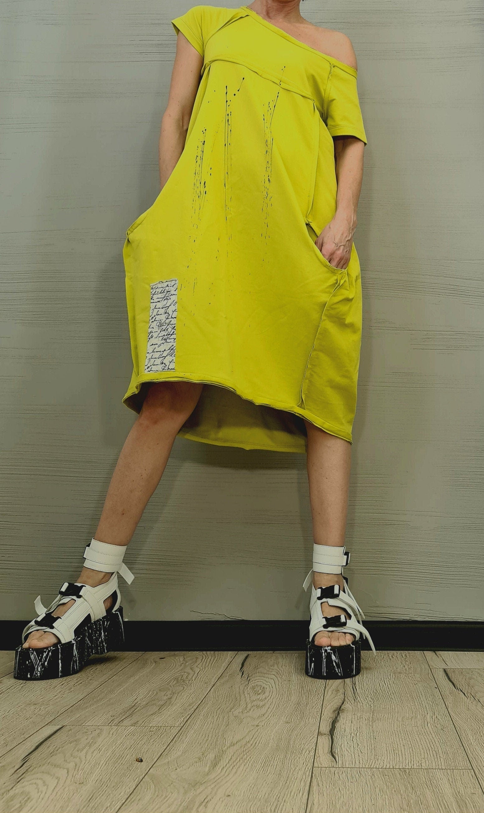 Asymmetric Cotton Dress – Loose Fit Handmade Summer Tunic with Pockets – Avant-Garde Minimalist Clothing Pistachios color