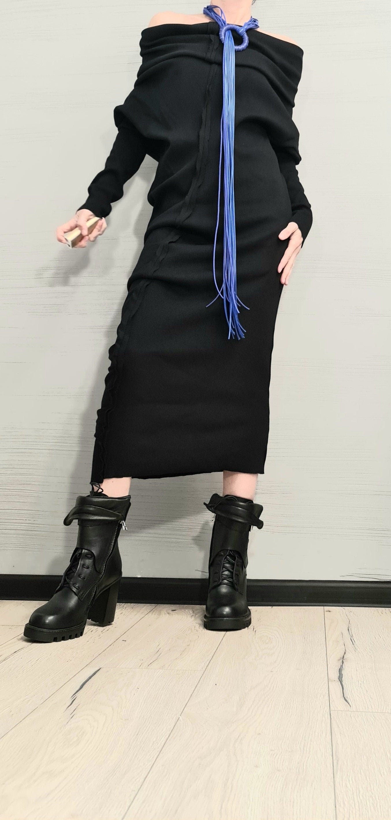 Extravagant Dress, Asymmetric Dress, Black Cotton Dress, Plus Size Clothing, Blouson Dress, Sexy Dress, Long Sleeve, New collection