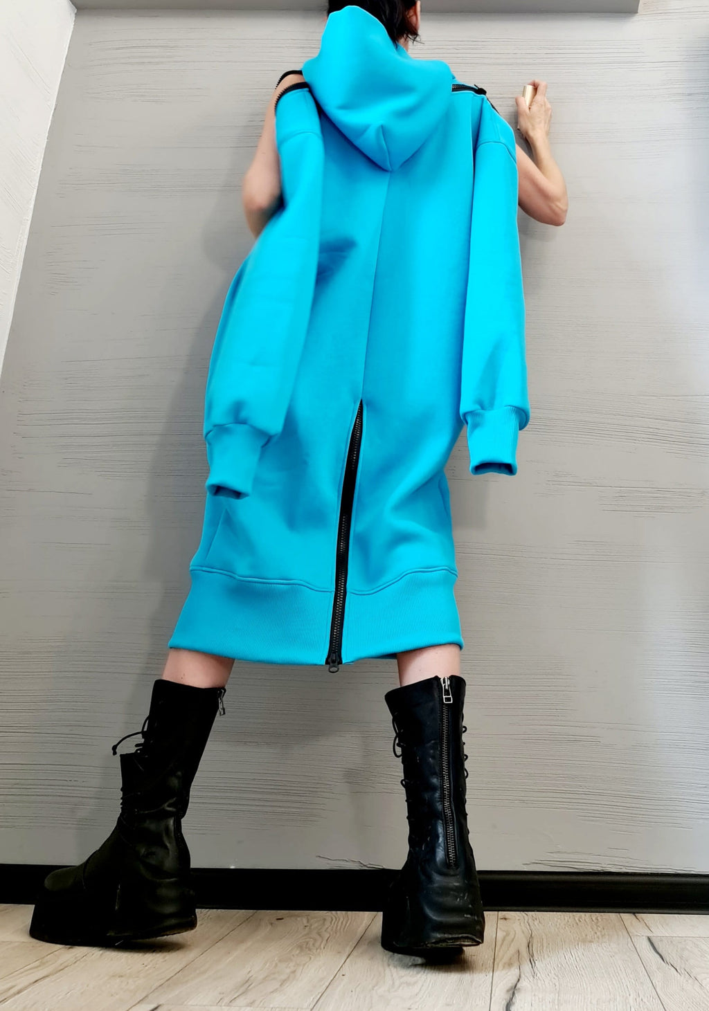 New Collection Blue Sweatshirt Dress, Extravagant Dress, LooseDress, Hooded Winter Dress, Long Dress with Hood, Sweatshirt Dress
