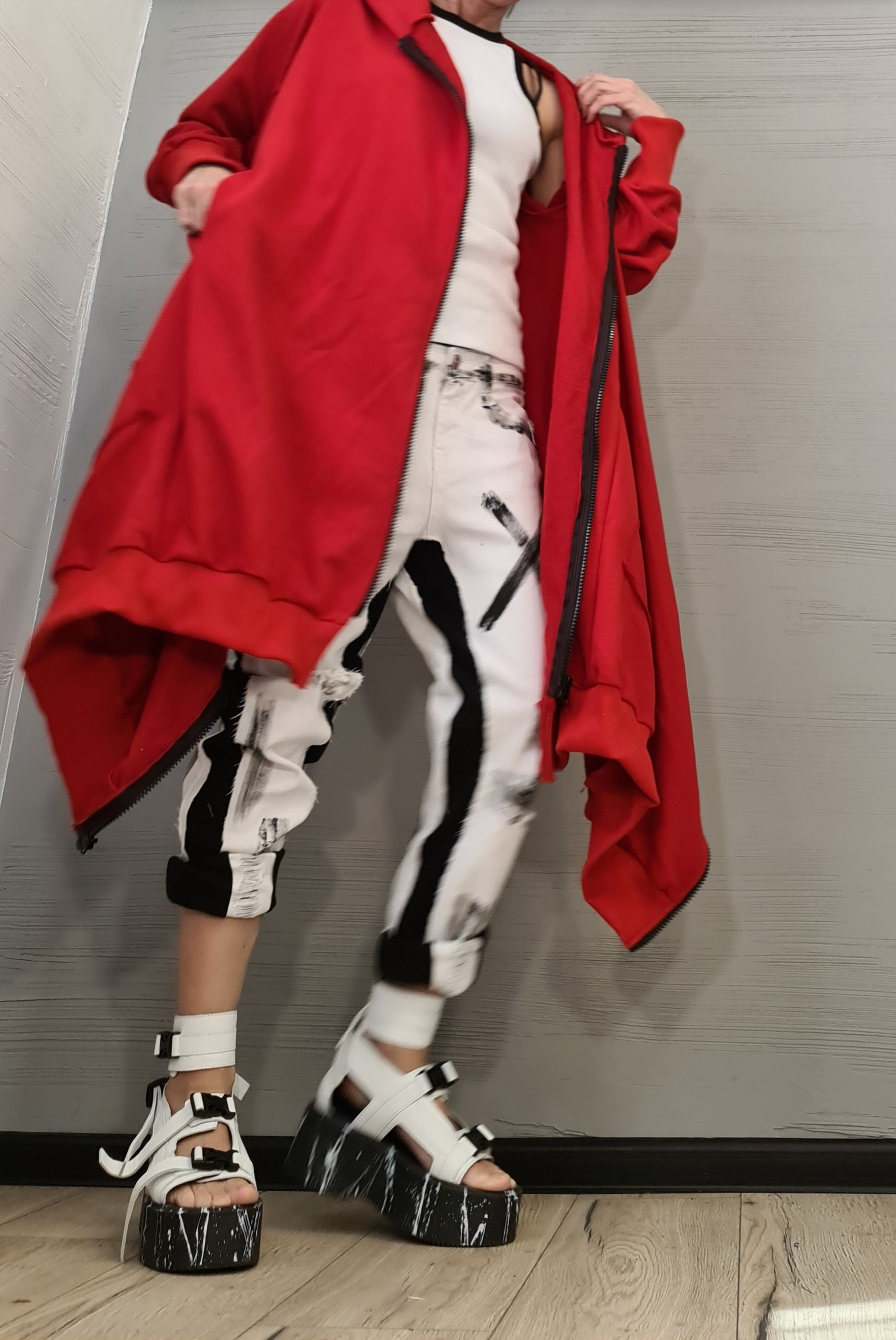 New collection Red Hooded Cotton Sweatshirt, Asymmetric Sweatshirt, Short Long Extravagant Vest, Women Sexy Sweatshirt