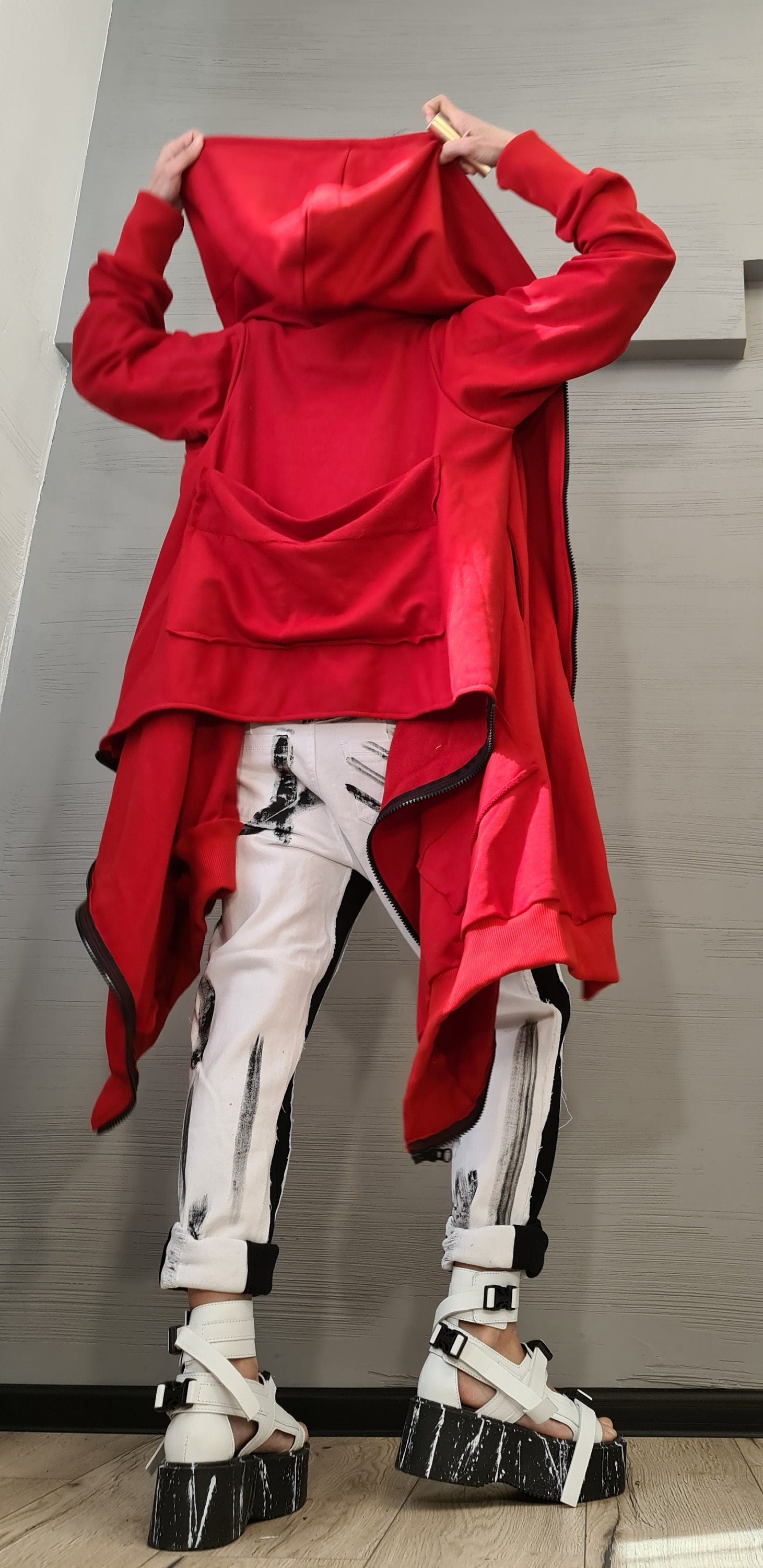 New collection Red Hooded Cotton Sweatshirt, Asymmetric Sweatshirt, Short Long Extravagant Vest, Women Sexy Sweatshirt