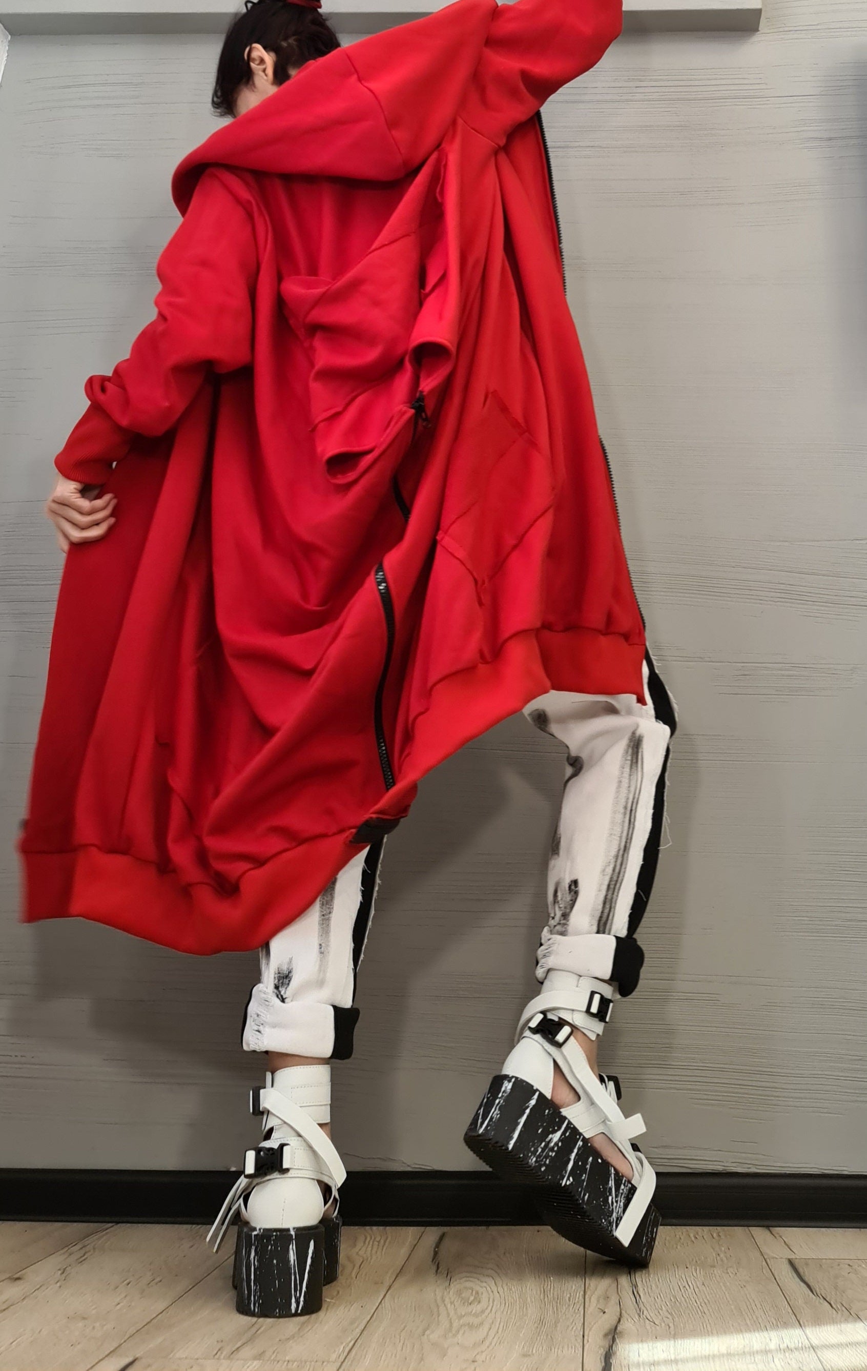 New collection Red Hooded Cotton Sweatshirt, Asymmetric Sweatshirt, Short Long Extravagant Vest, Women Sexy Sweatshirt