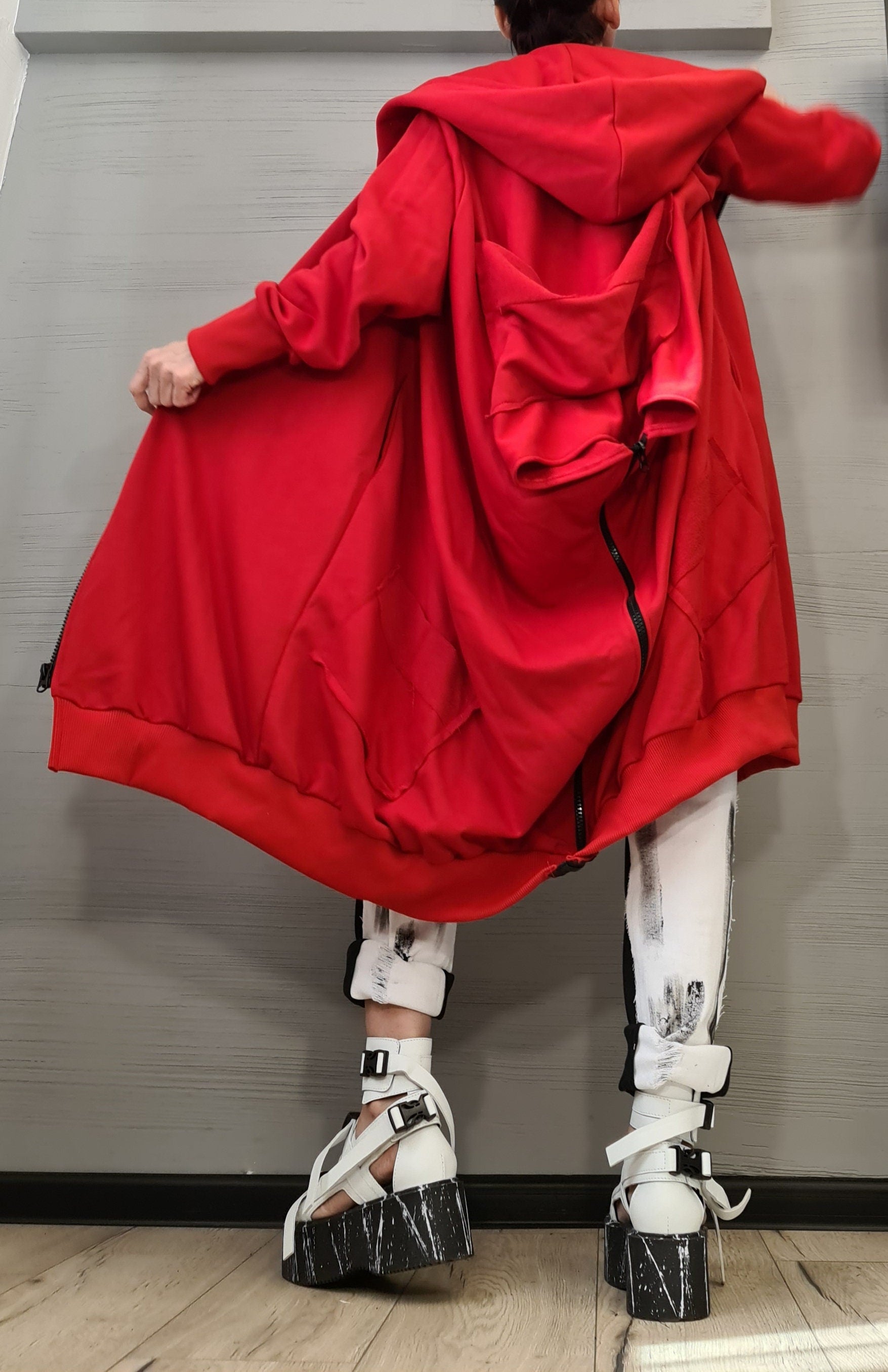 New collection Red Hooded Cotton Sweatshirt, Asymmetric Sweatshirt, Short Long Extravagant Vest, Women Sexy Sweatshirt