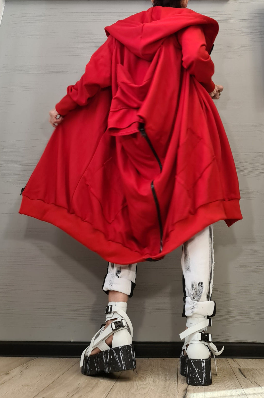 New collection Red Hooded Cotton Sweatshirt, Asymmetric Sweatshirt, Short Long Extravagant Vest, Women Sexy Sweatshirt