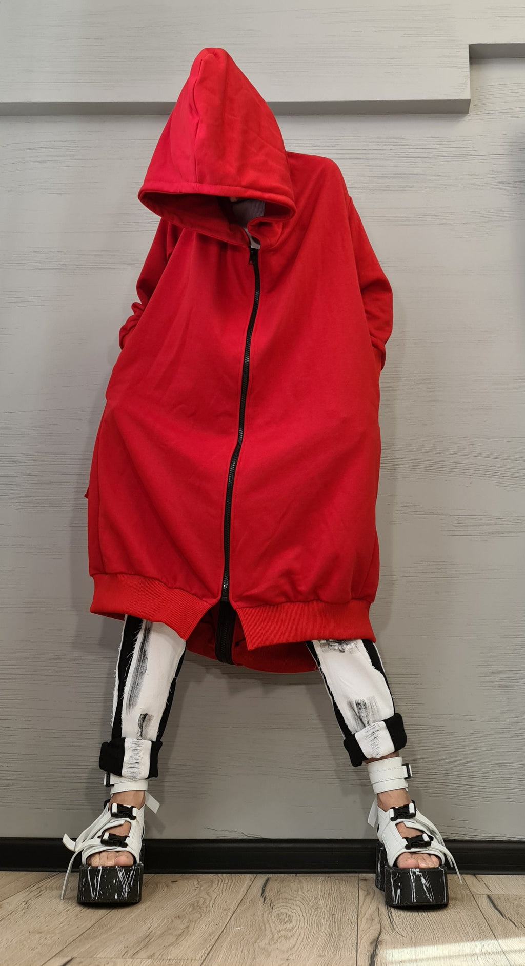 New collection Red Hooded Cotton Sweatshirt, Asymmetric Sweatshirt, Short Long Extravagant Vest, Women Sexy Sweatshirt