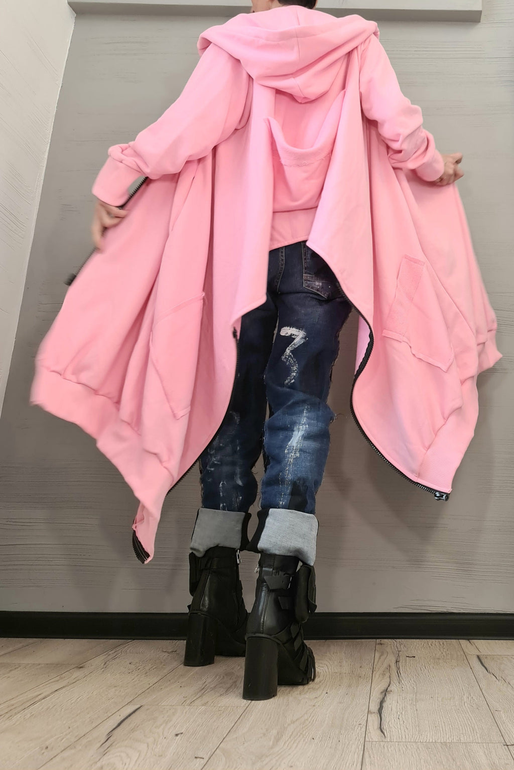 New collection Pink Hooded Cotton Sweatshirt, Asymmetric Sweatshirt, Short Long Extravagant Vest, Women Sexy Sweatshirt