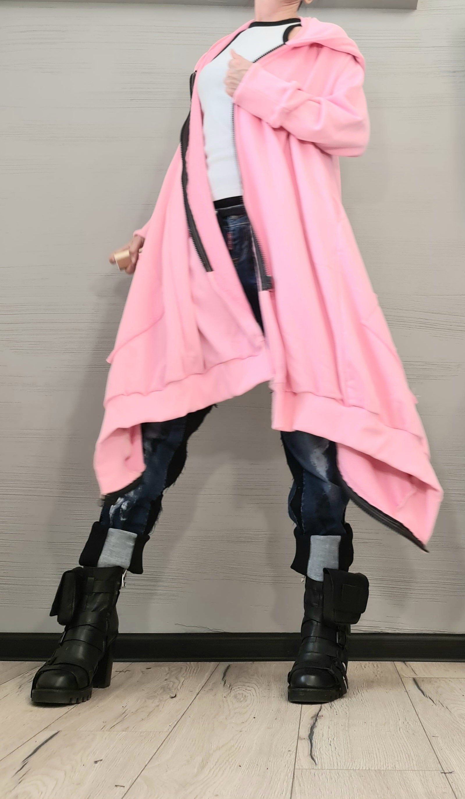 New collection Pink Hooded Cotton Sweatshirt, Asymmetric Sweatshirt, Short Long Extravagant Vest, Women Sexy Sweatshirt