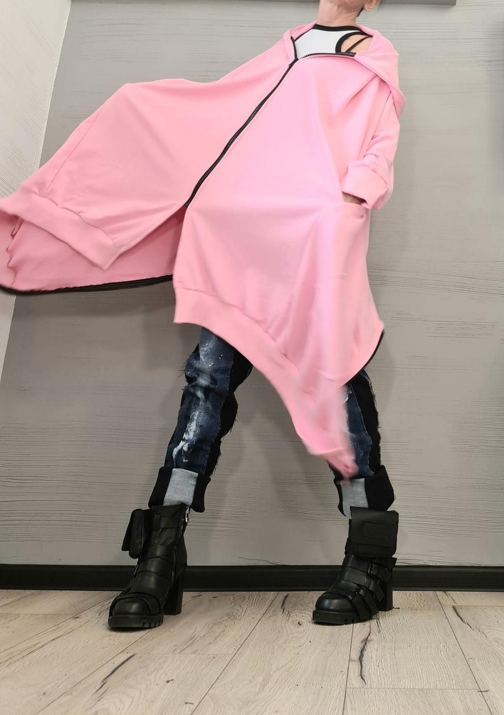 New collection Pink Hooded Cotton Sweatshirt, Asymmetric Sweatshirt, Short Long Extravagant Vest, Women Sexy Sweatshirt