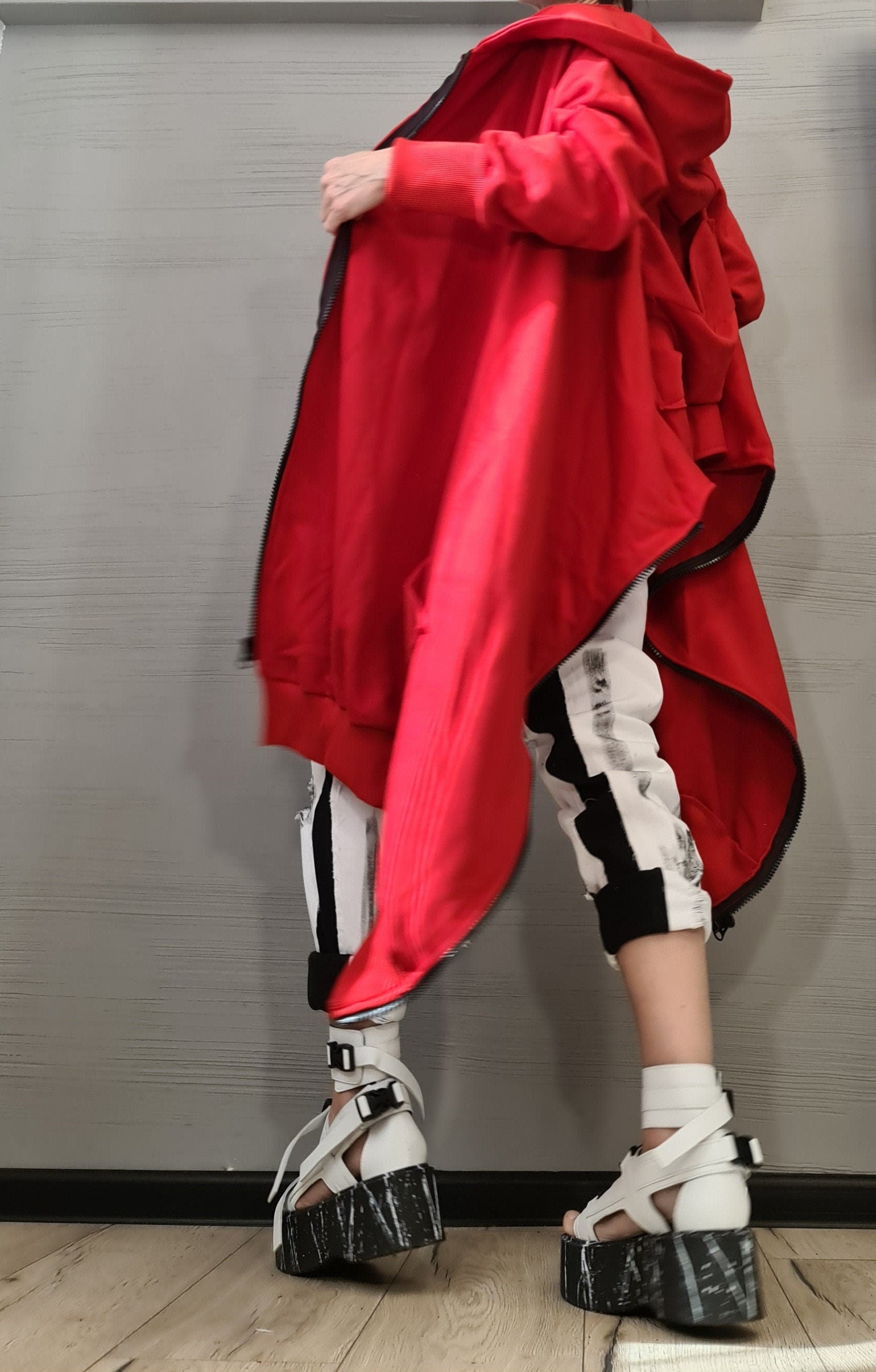 New collection Red Hooded Cotton Sweatshirt, Asymmetric Sweatshirt, Short Long Extravagant Vest, Women Sexy Sweatshirt