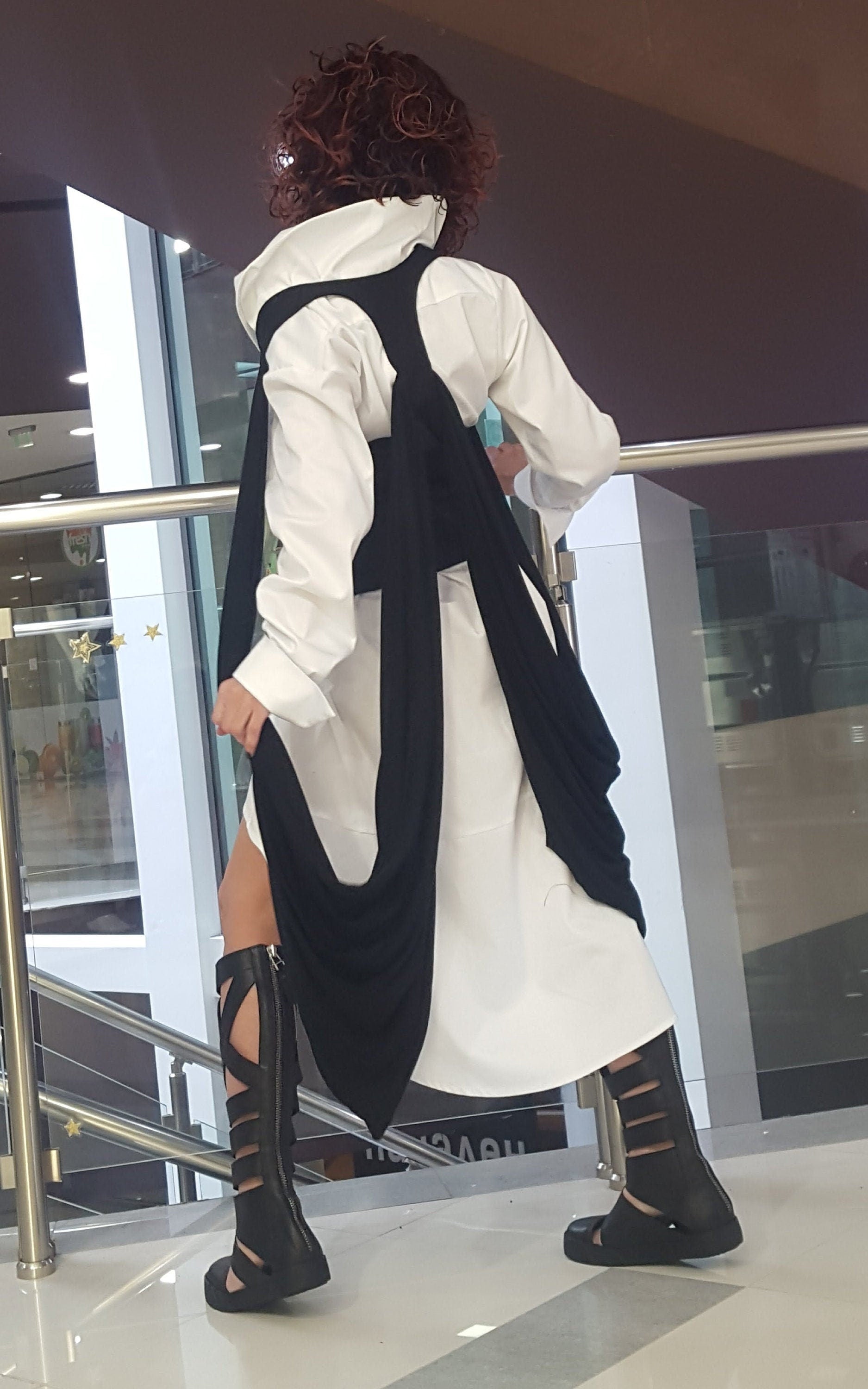 Asymmetric White Shirt with Vest, Long Short Shirt with Asymmetric Vest, Avant Garde Tunic with Extravagant Vest