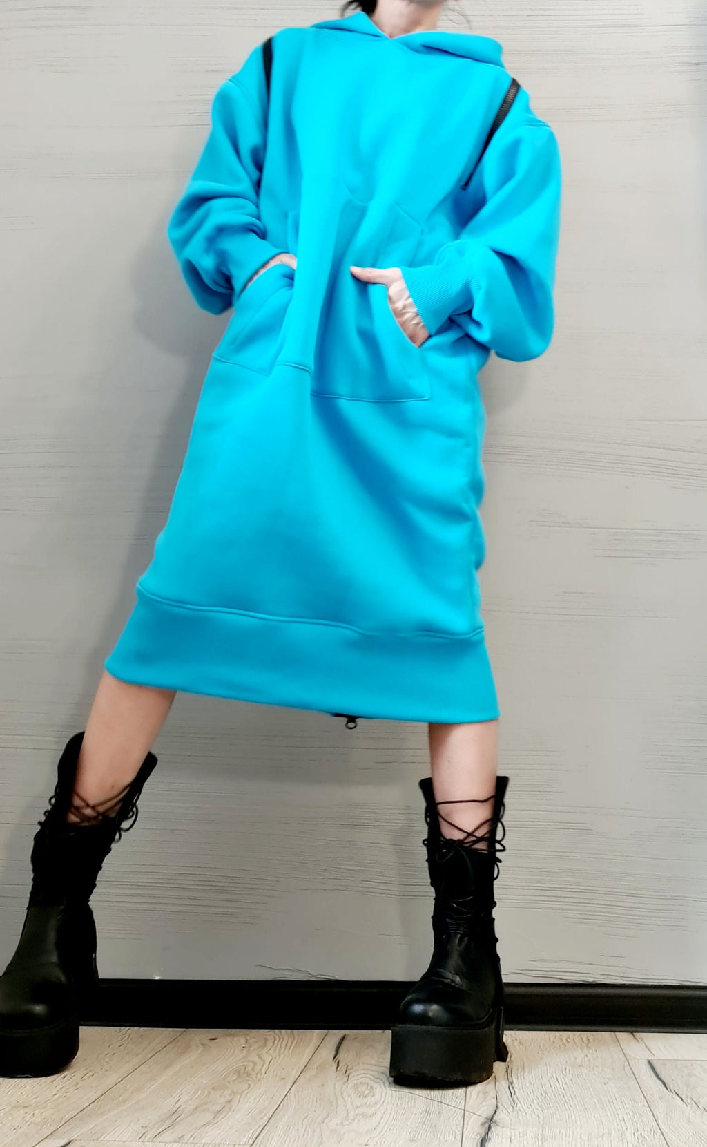 New Collection Blue Sweatshirt Dress, Extravagant Dress, LooseDress, Hooded Winter Dress, Long Dress with Hood, Sweatshirt Dress