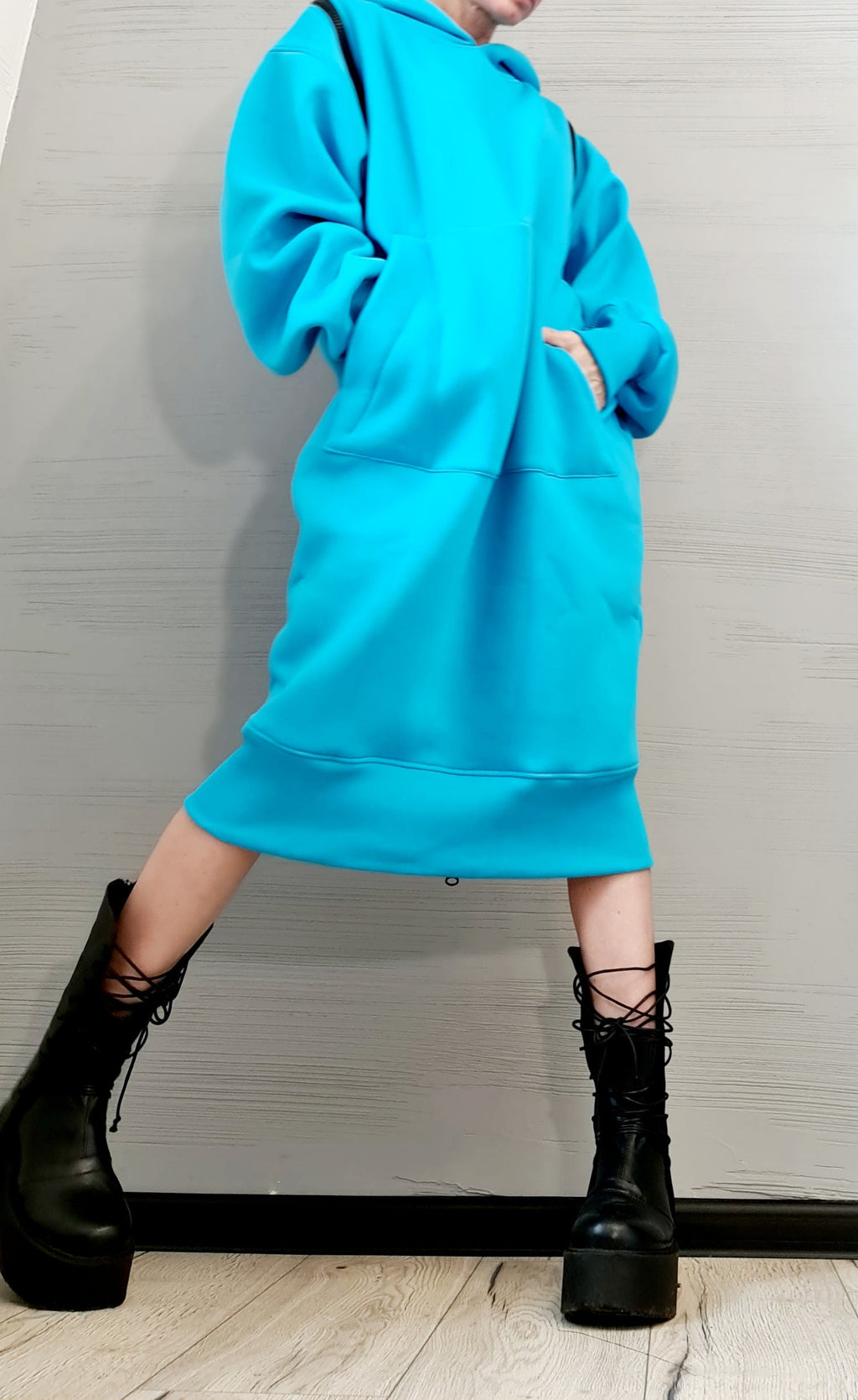 New Collection Blue Sweatshirt Dress, Extravagant Dress, LooseDress, Hooded Winter Dress, Long Dress with Hood, Sweatshirt Dress